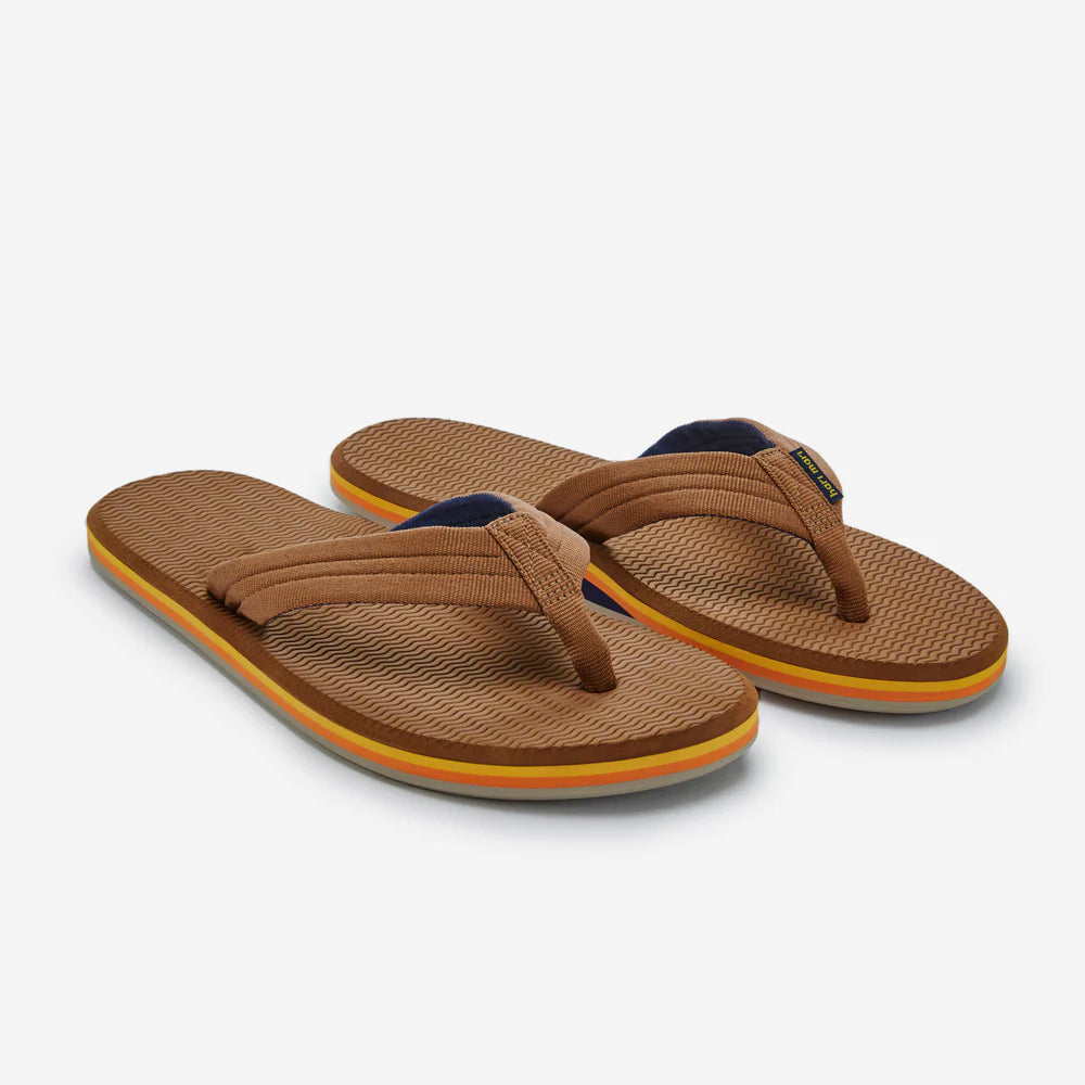 Brown flip-flops with a white background