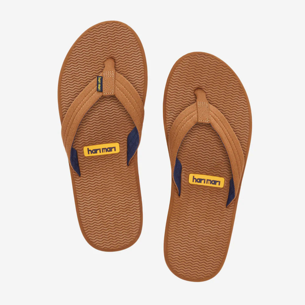 Pair of brown flip-flops with a visible brand logo on a white background