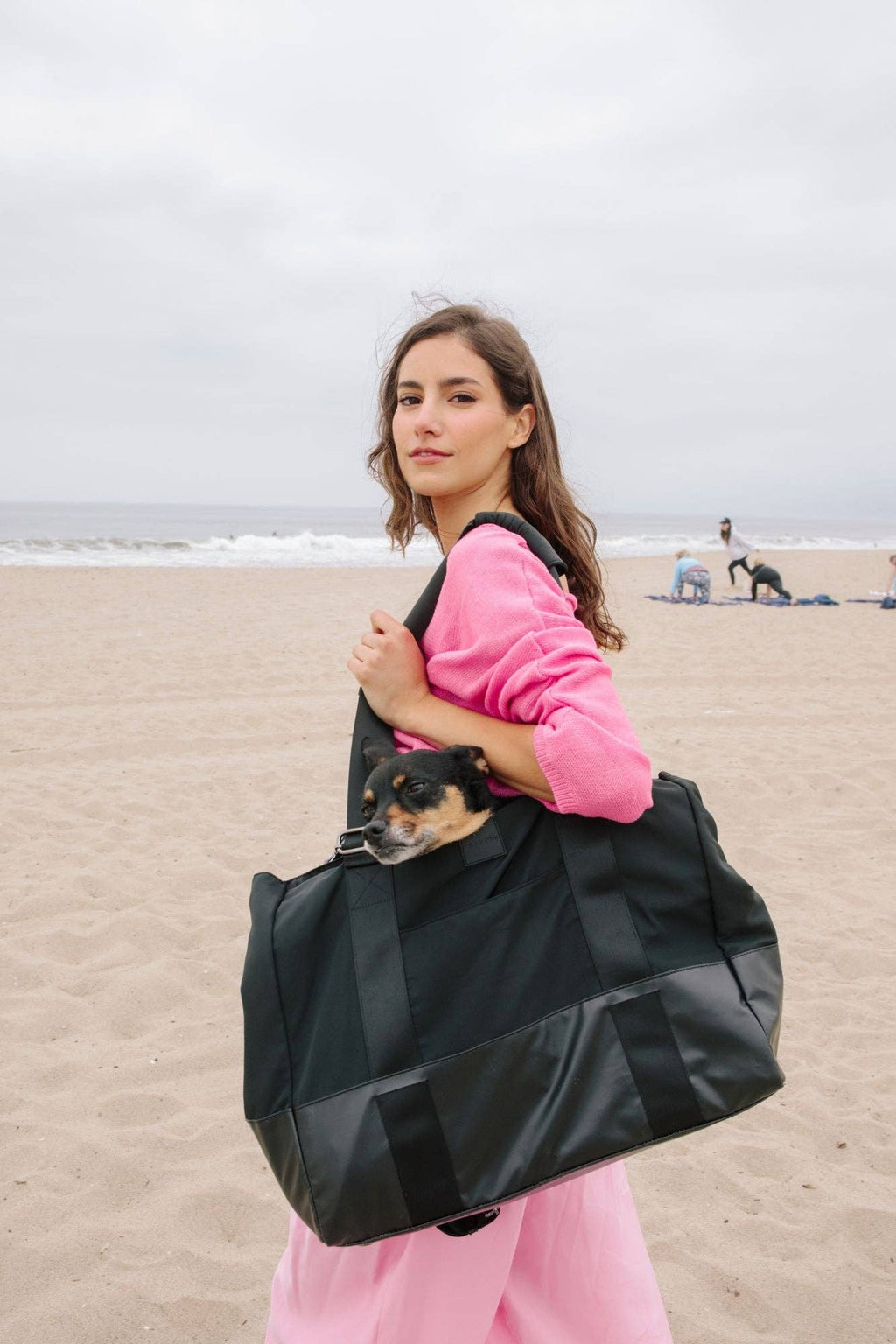 Woman holding a black bag with a dog on a beach