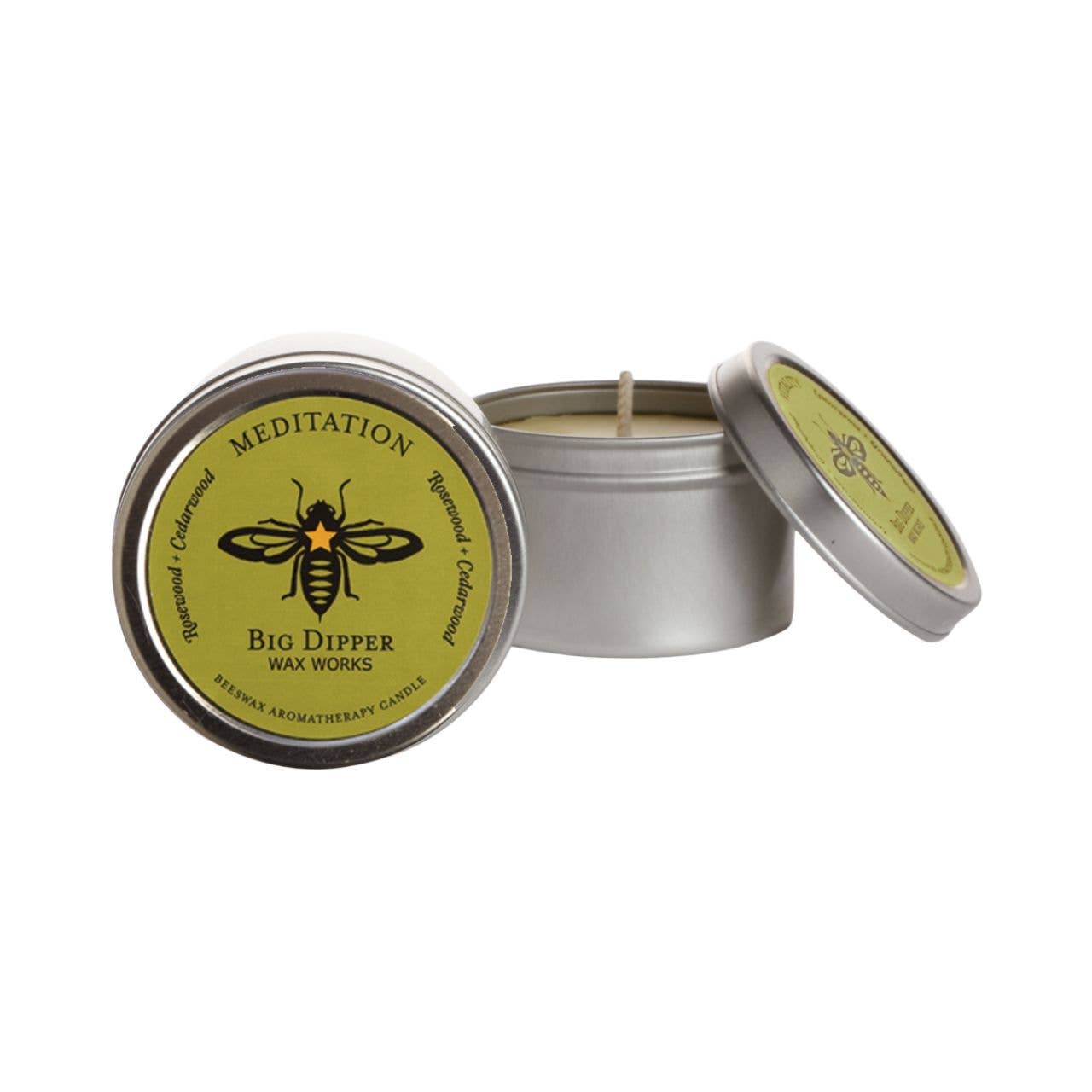 Meditation Candle in a metal tin with 'Big Dipper Wax Works' branding on a white background
