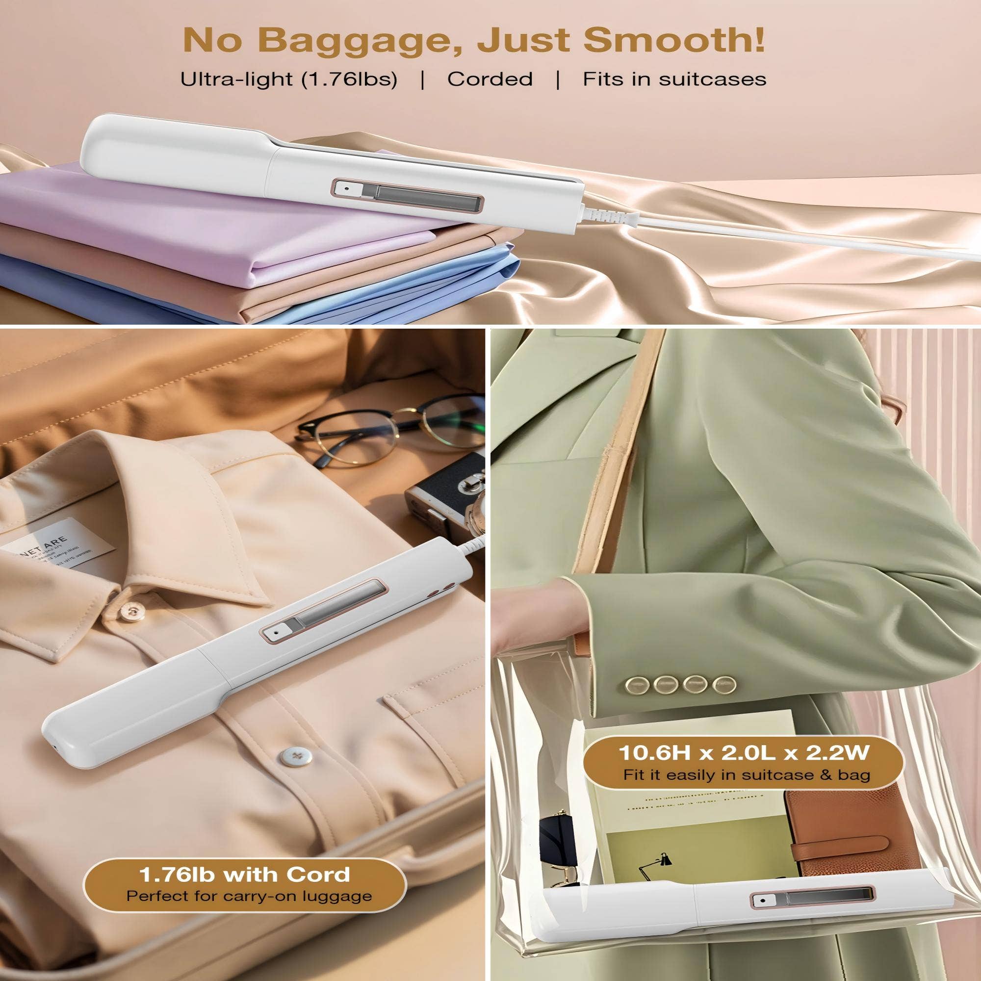 Clothing iron and steamer with text highlighting features on a beige background