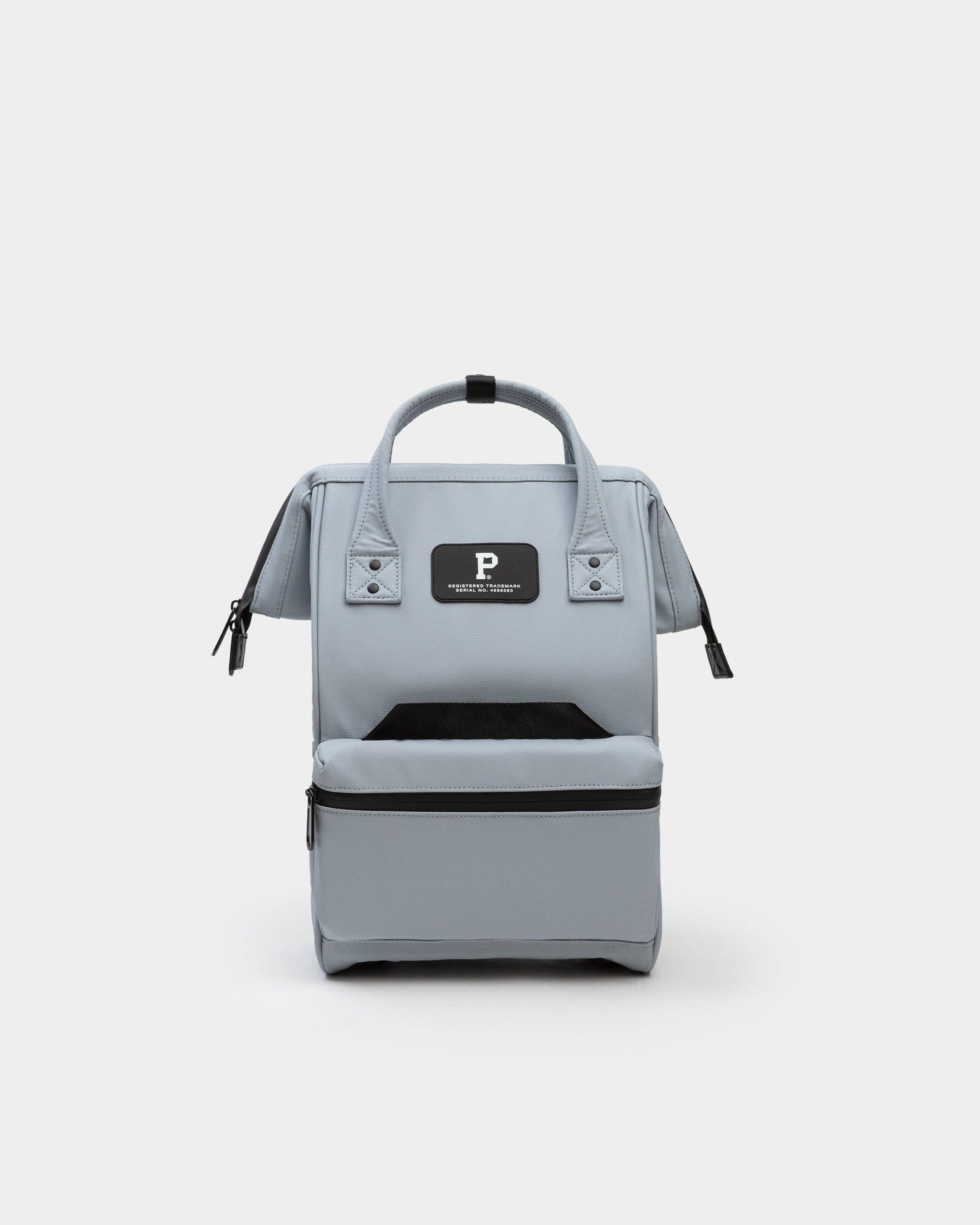 Gray backpack with a brand logo on a white background
