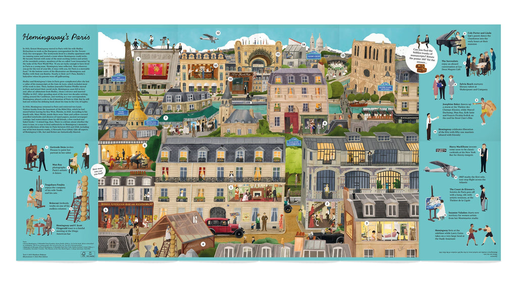 Illustrated map of Paris with various scenes and activities