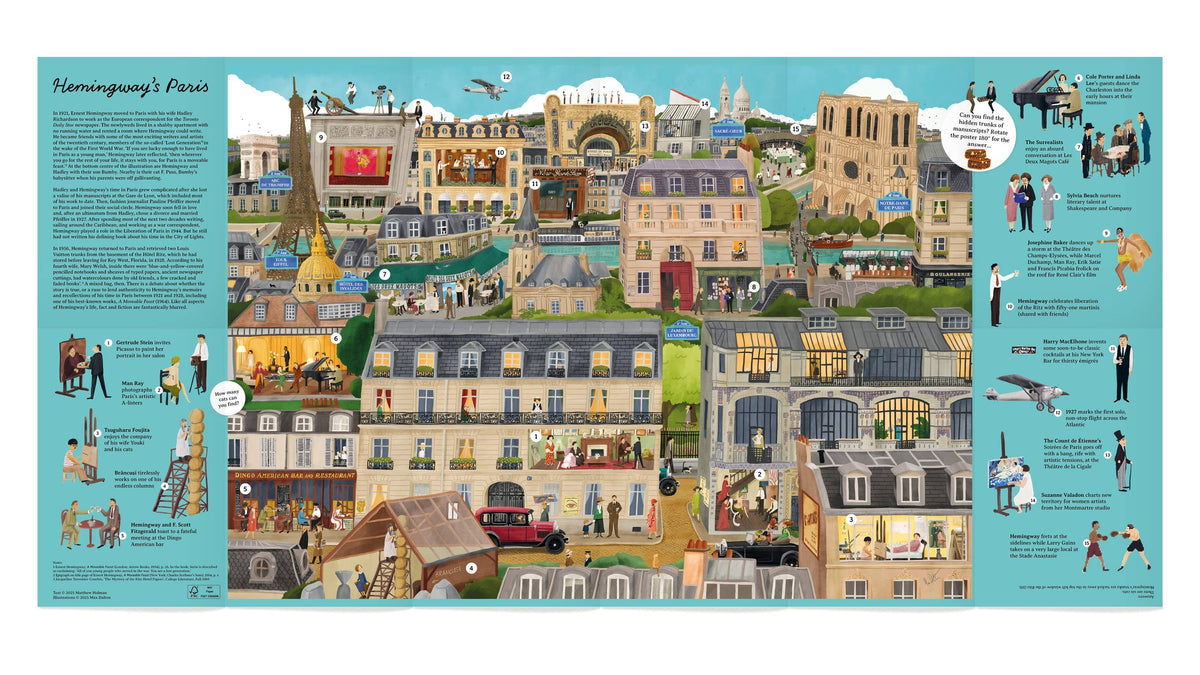 Illustrated map of Paris with various scenes and activities