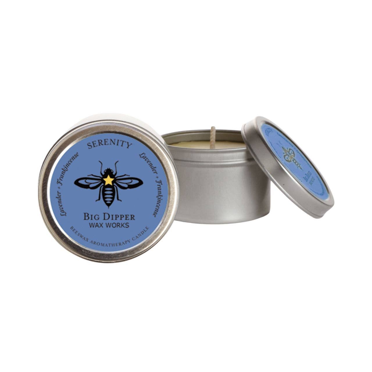 Serenity scented candle in a metal tin with 'Big Dipper Wax Works' branding on a white background