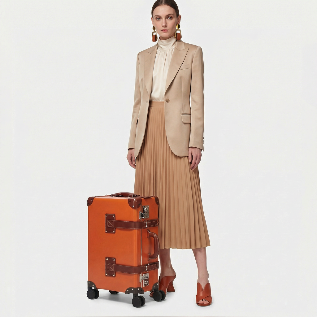 Woman in beige suit with pleated skirt and orange suitcase on a white background