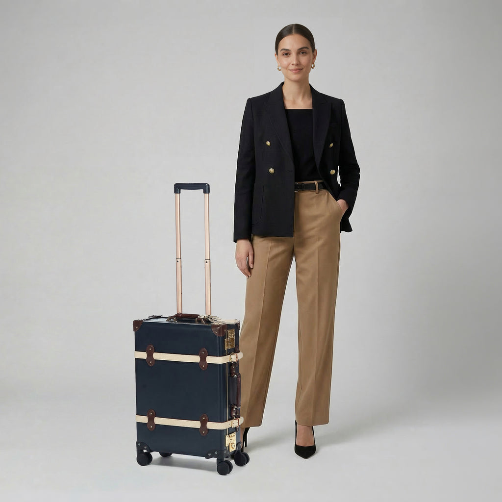 Woman in black blazer and beige pants standing next to a dark suitcase on a light gray background