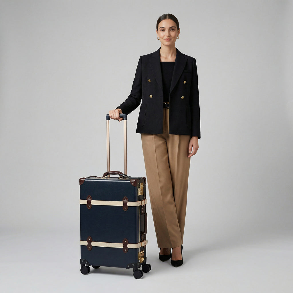 Woman in a black blazer and beige pants holding a navy suitcase on a gray background