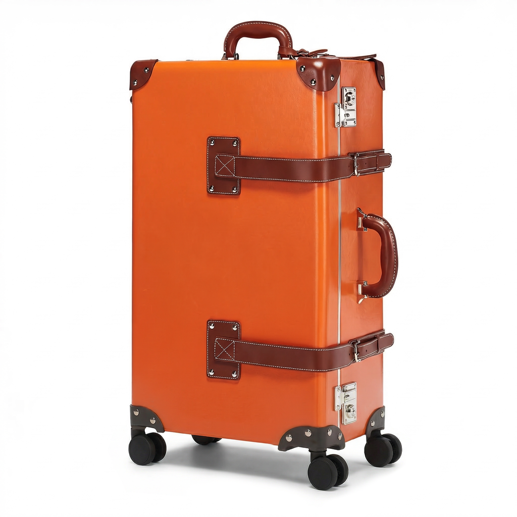 Orange suitcase with brown accents on a white background