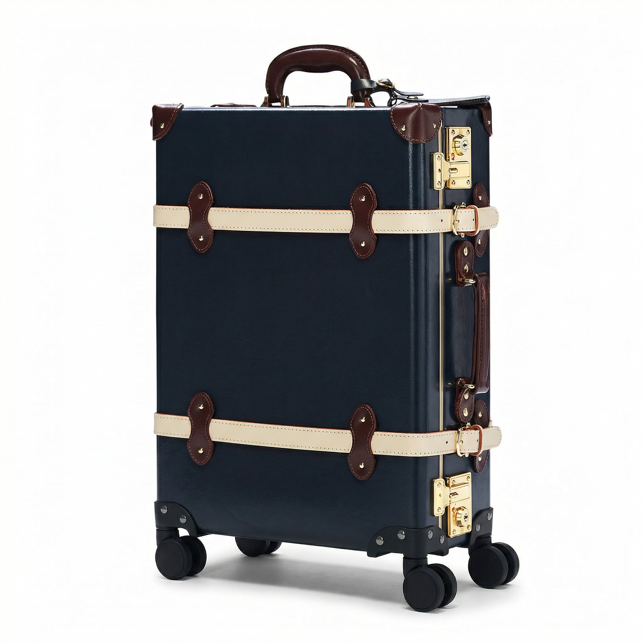 Navy suitcase with brown accents on a white background