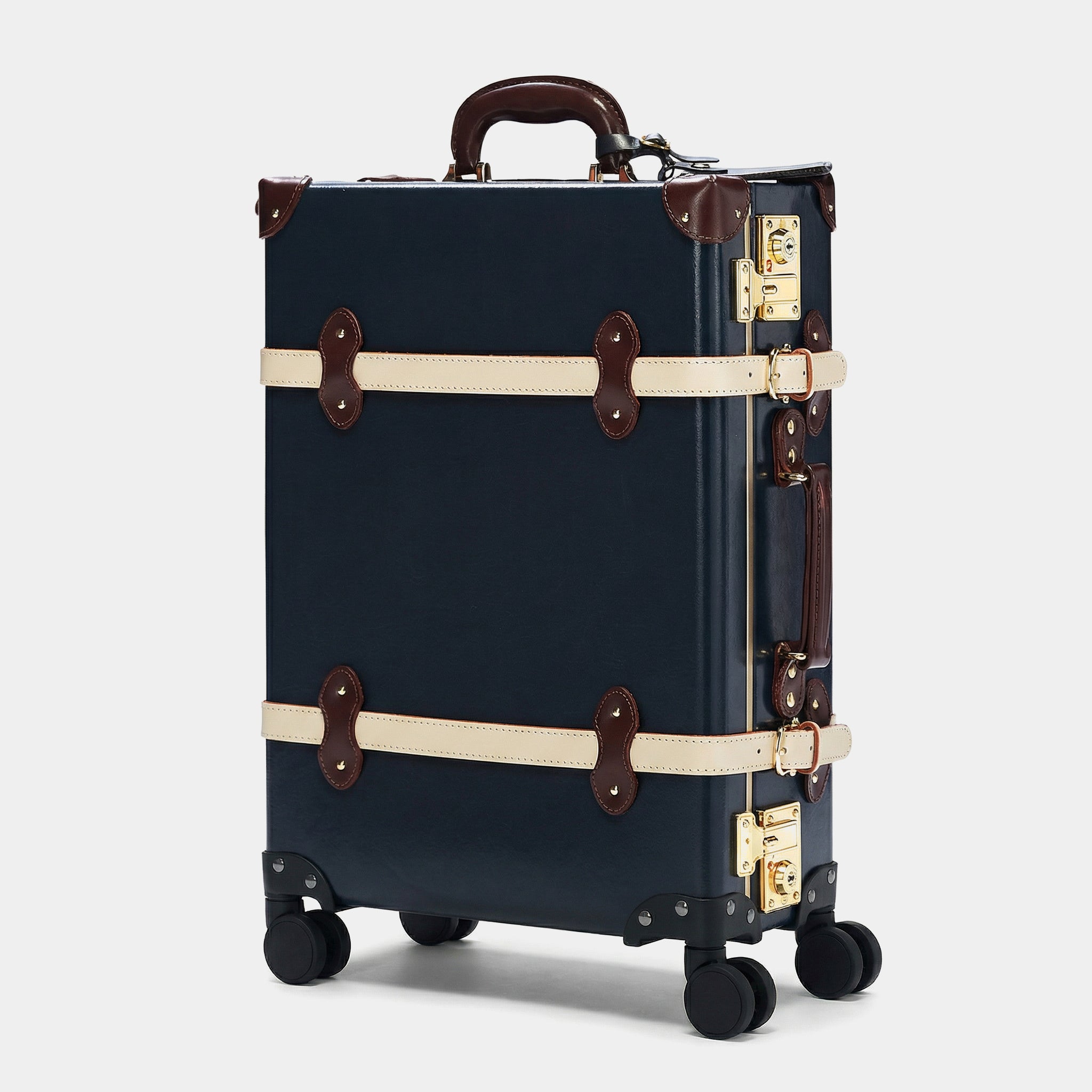 Navy suitcase with brown accents on a white background