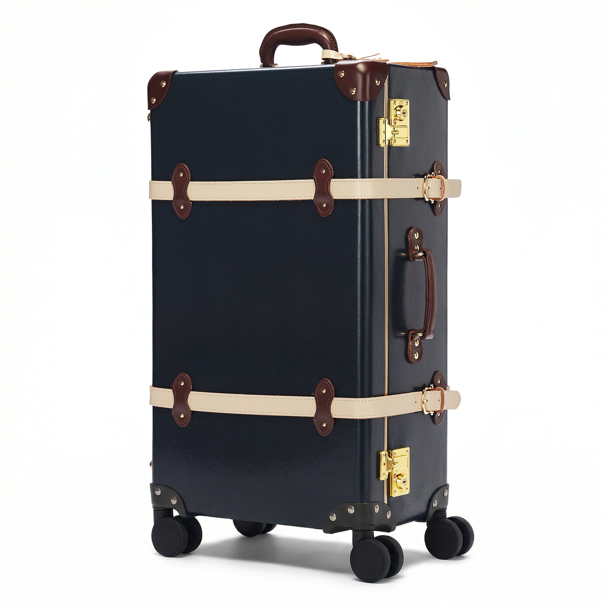Vintage-style navy suitcase with brown accents on a white background