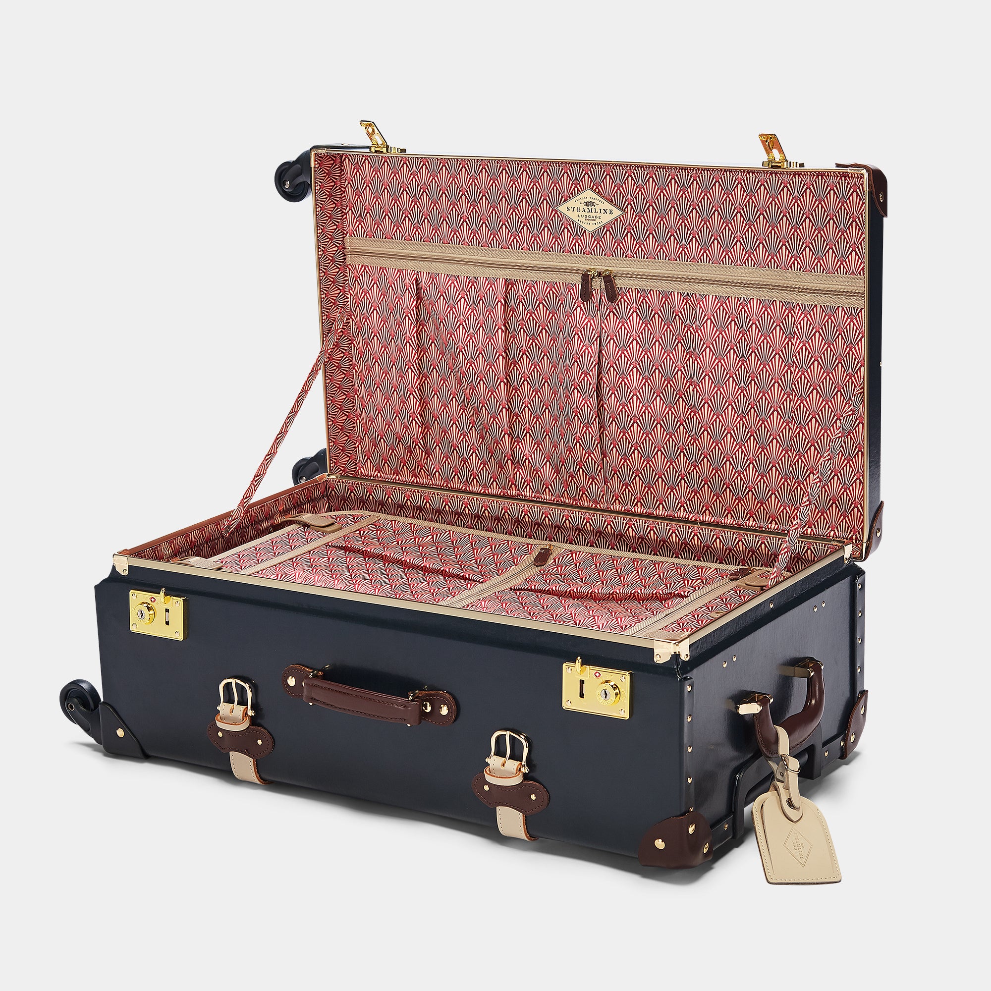 Open vintage-style suitcase with red interior on a white background