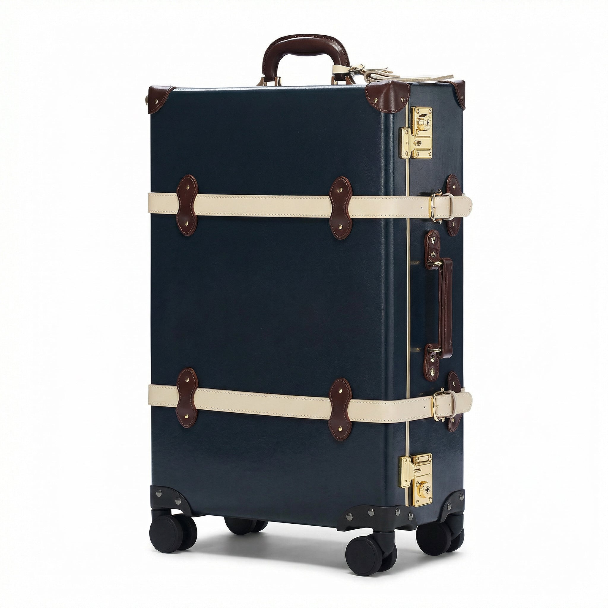 Navy suitcase with leather straps and gold accents on a white background