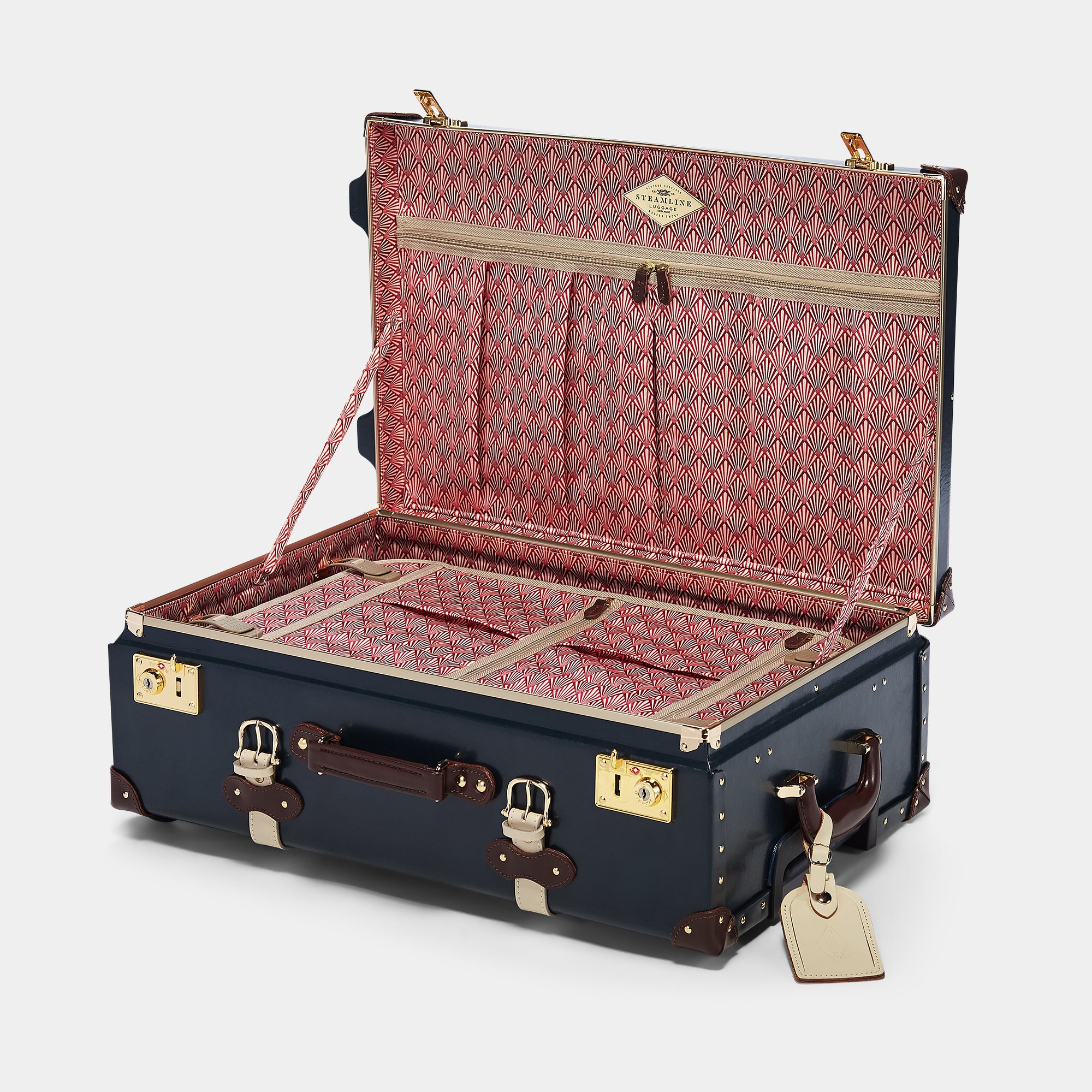 Open vintage-style suitcase with red interior and gold accents on a white background