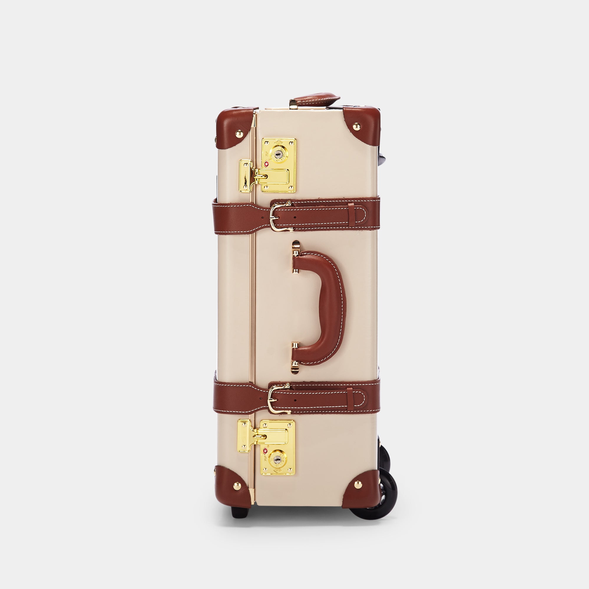 Vintage-style suitcase with beige body and brown accents on a white background