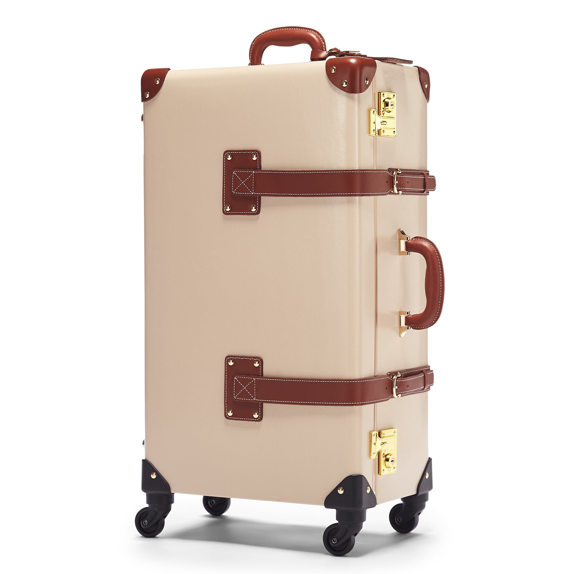 Beige suitcase with brown accents on a white background