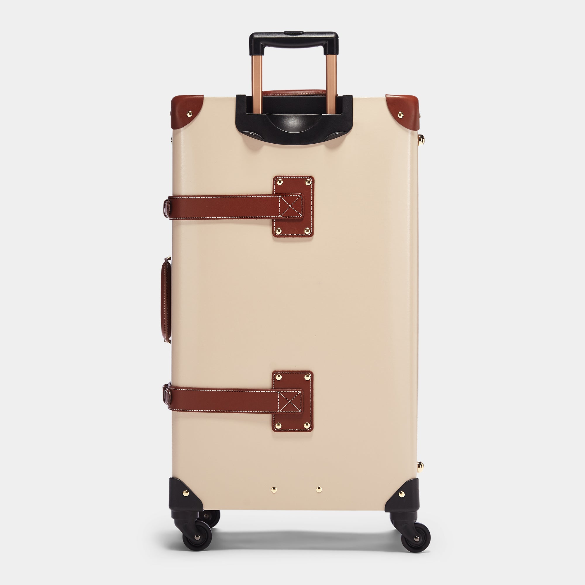 Beige suitcase with brown accents on a light gray background