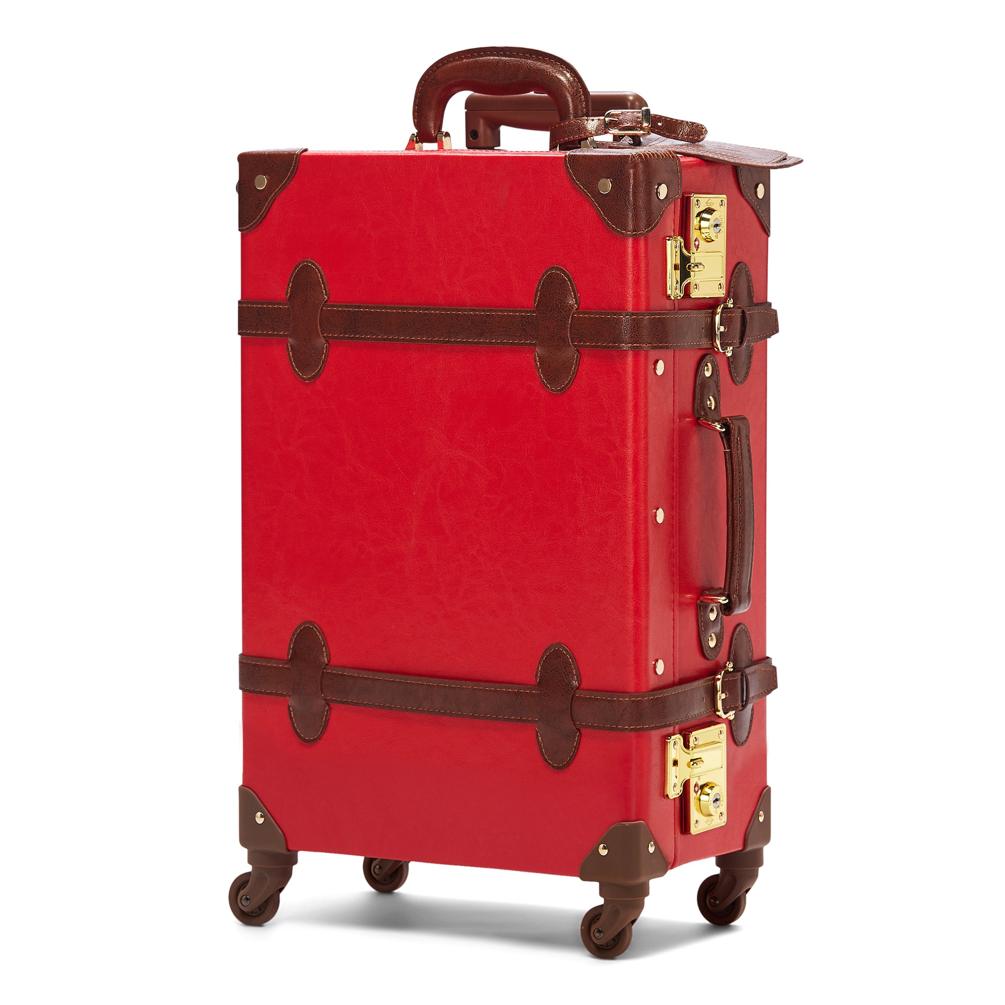 Red suitcase with brown accents on a white background