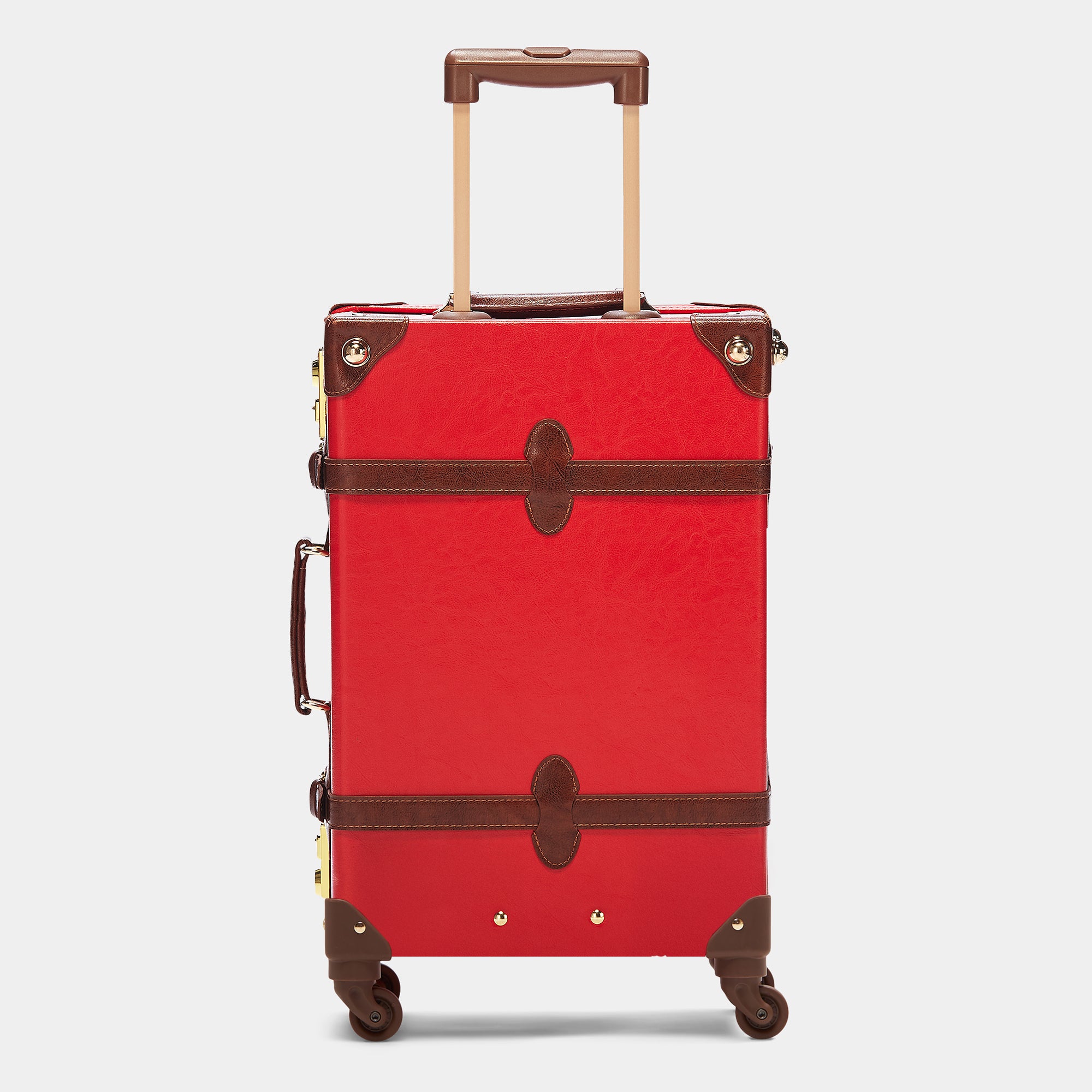 Red suitcase with brown accents on a light gray background