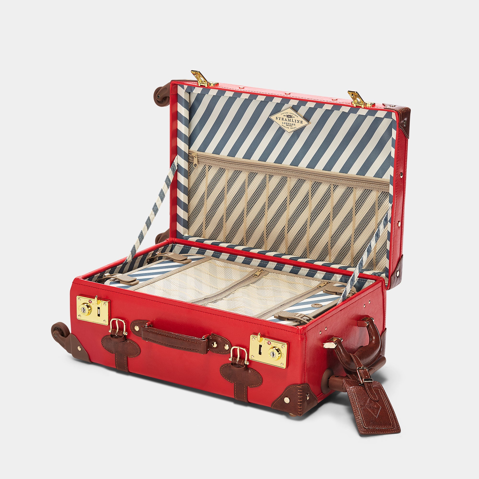 Red suitcase with striped interior on a light gray background