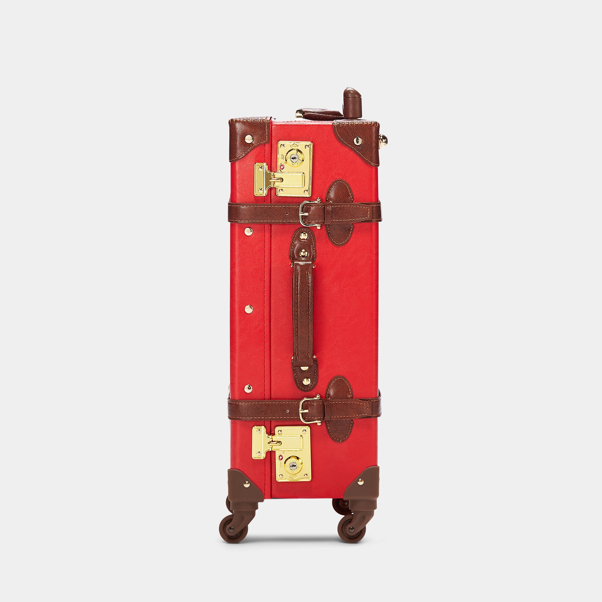 Red suitcase with brown accents on a light gray background