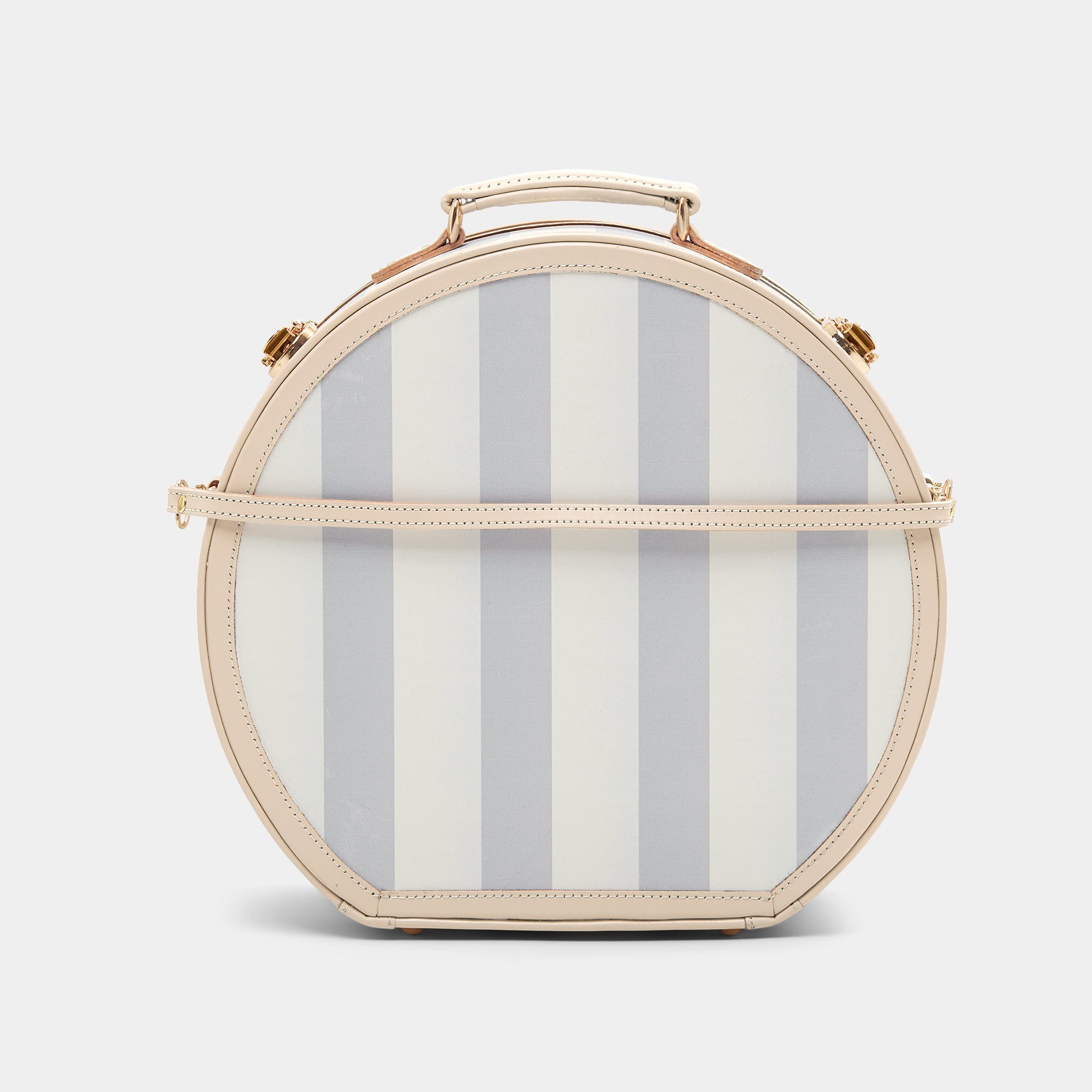 Round striped bag with beige border on a white background