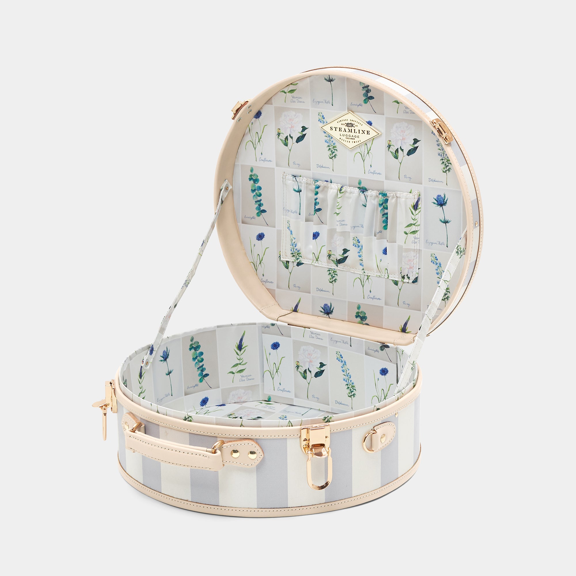 Round hatbox with floral pattern on a light gray background