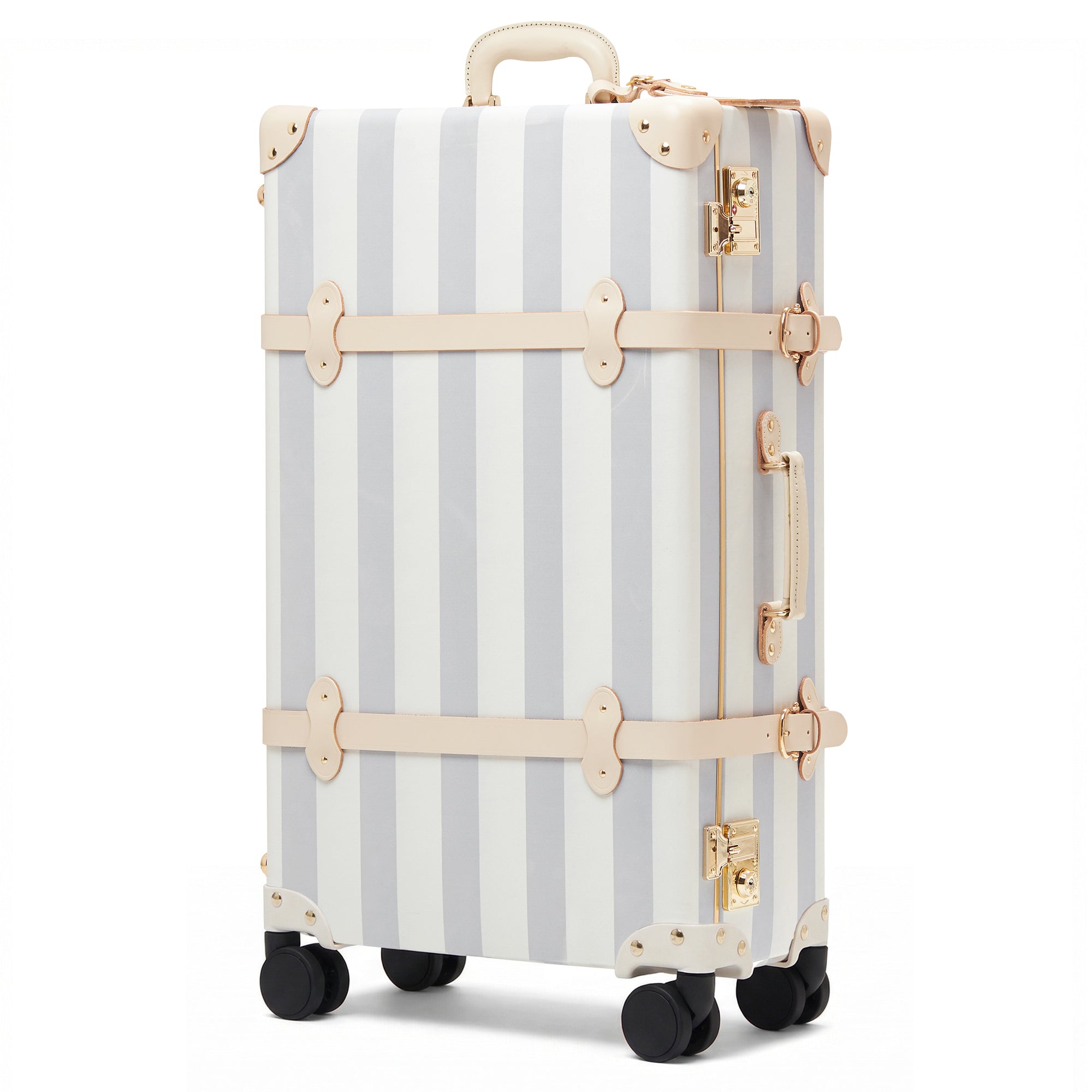 Striped suitcase with beige straps on a white background