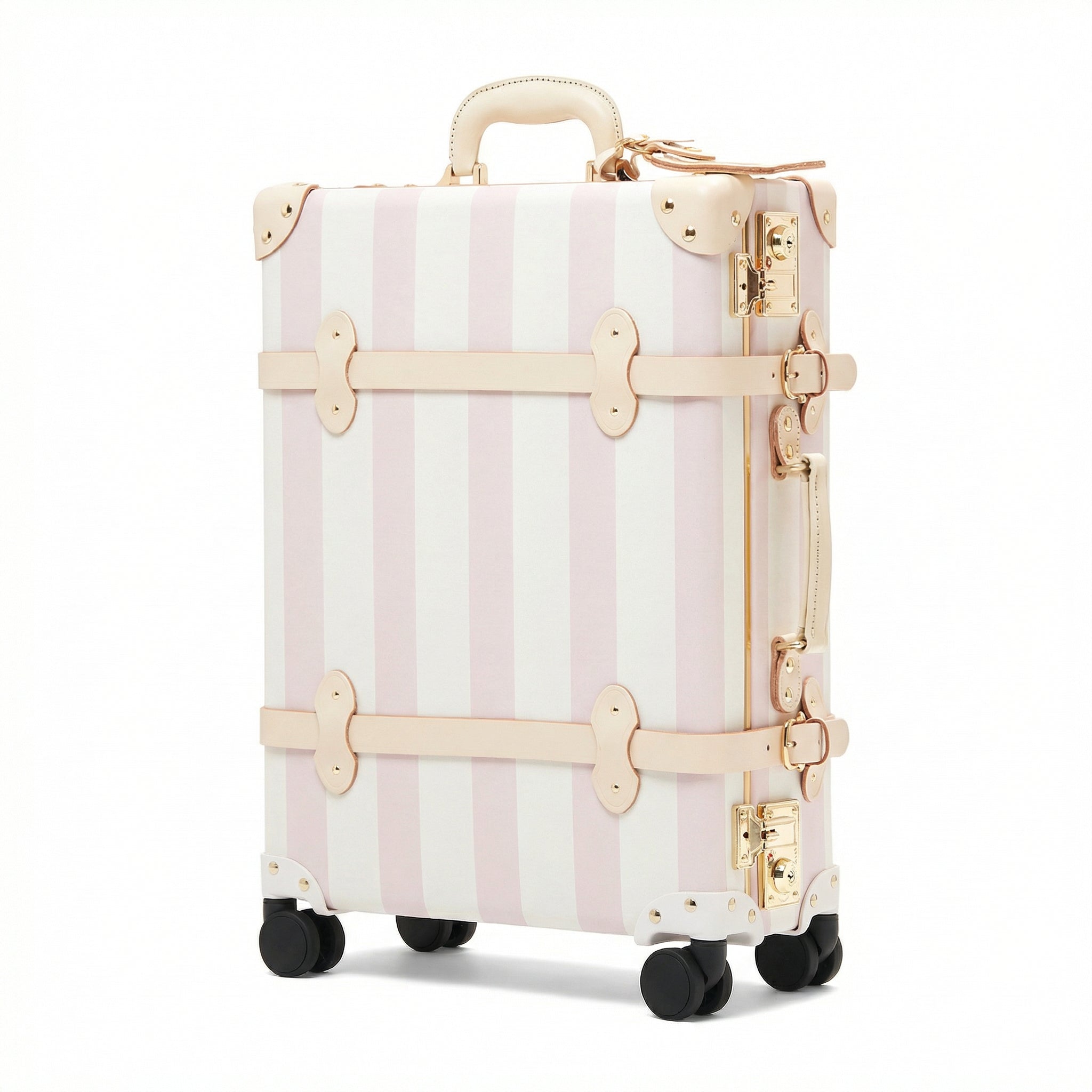 Striped suitcase with gold accents on a white background