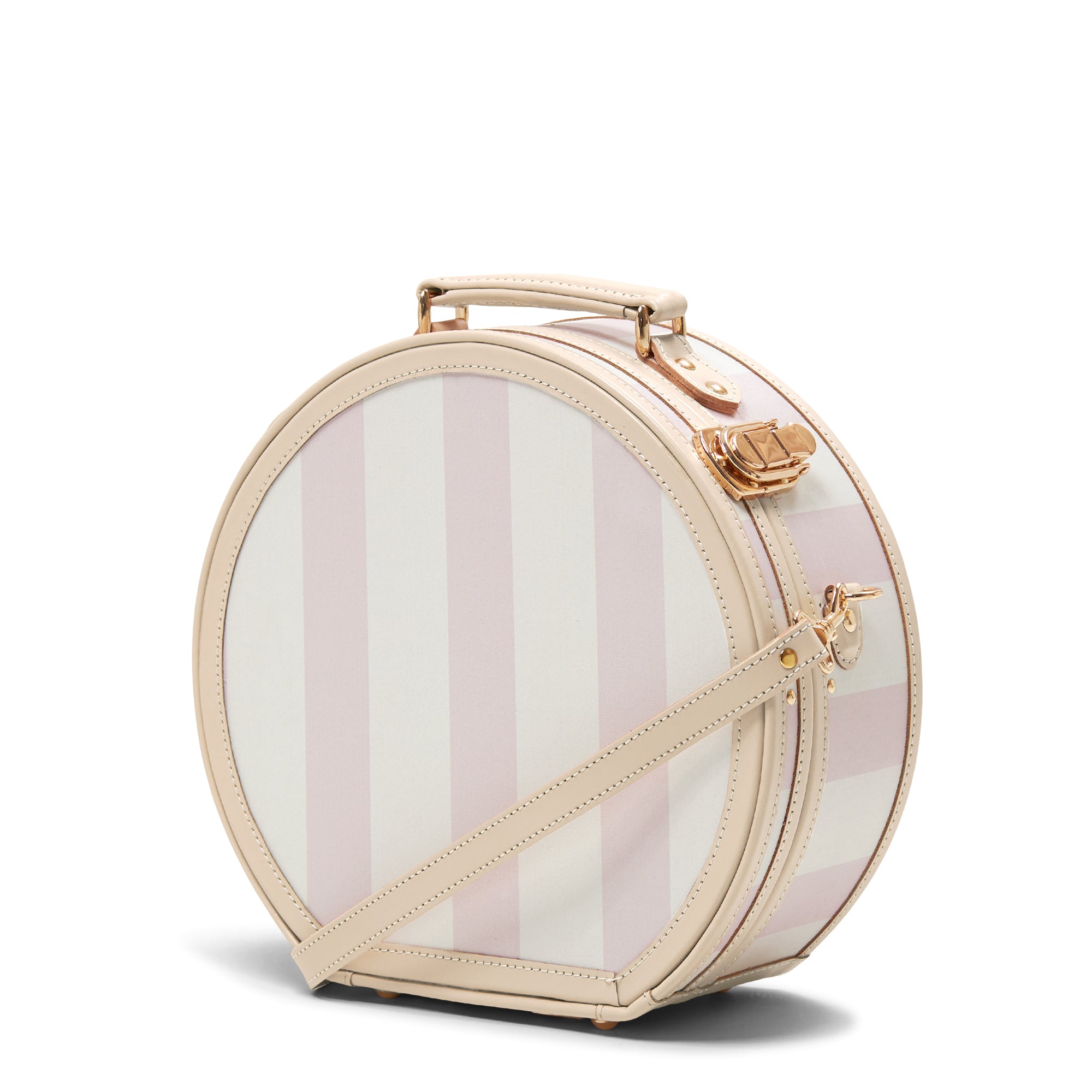 Round striped suitcase with a handle on a white background