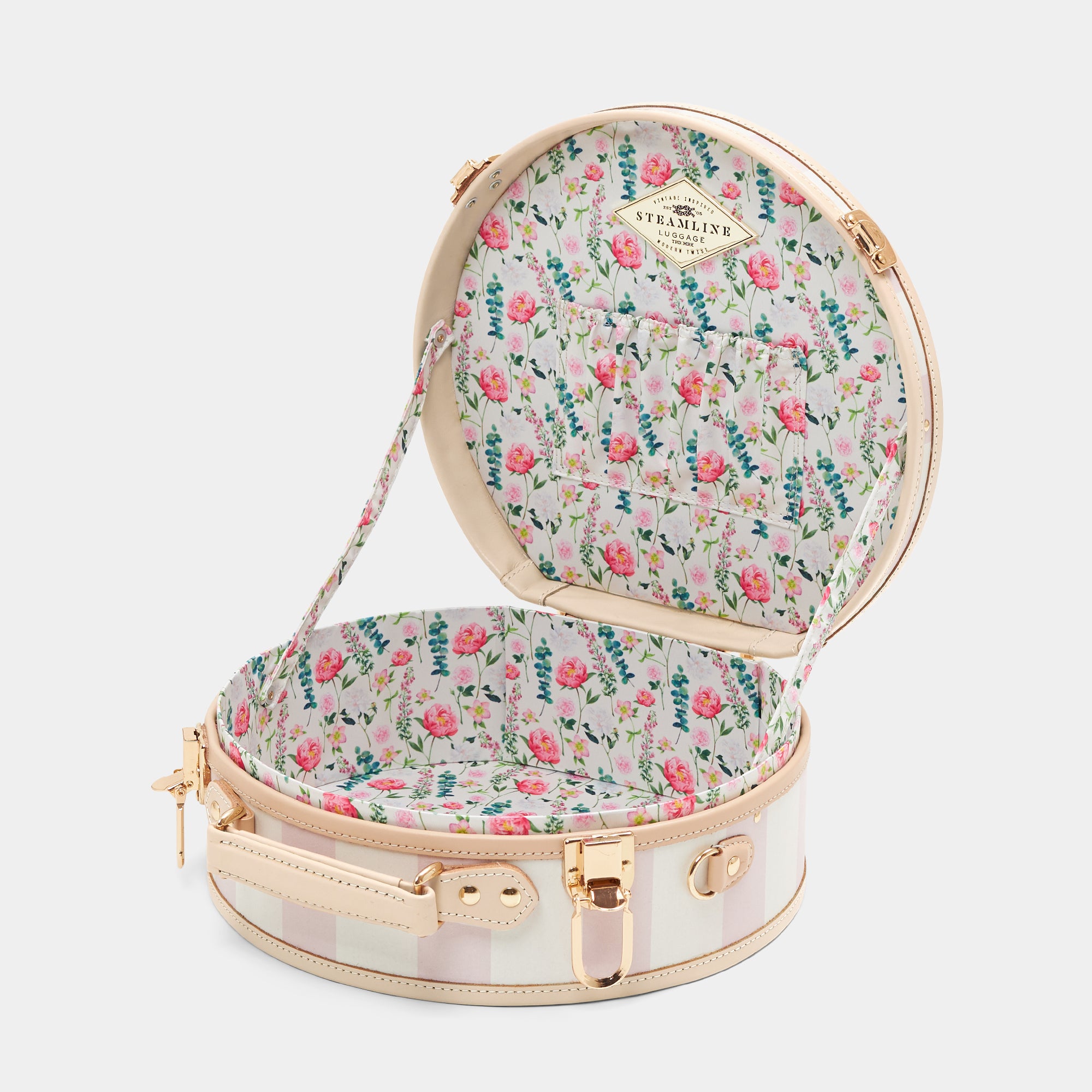 Floral-patterned makeup case with a visible brand logo on a white background