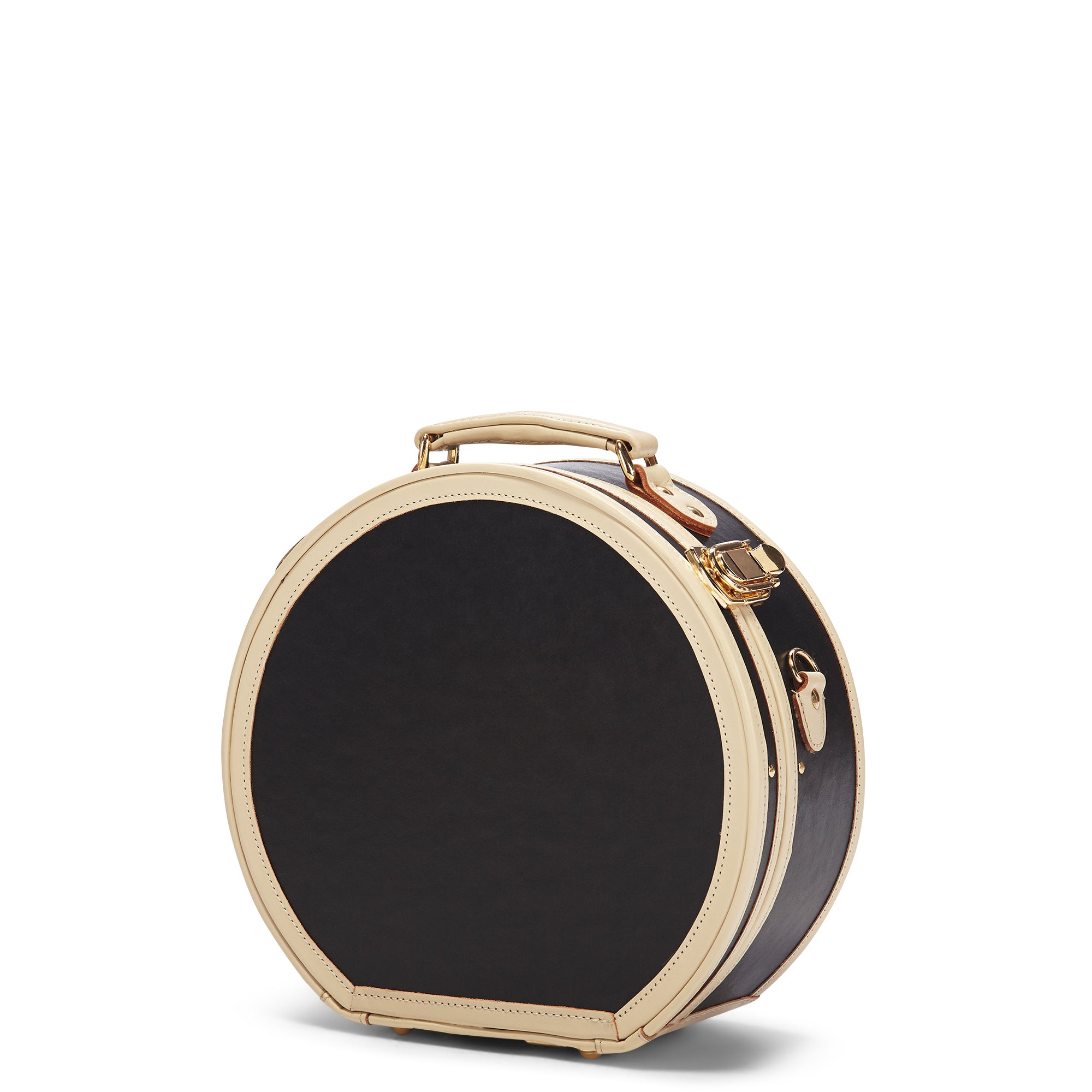 Round black case with gold trim on a white background