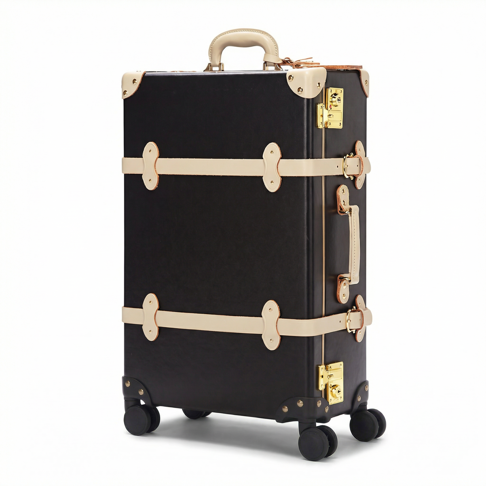 Black suitcase with gold accents on a white background