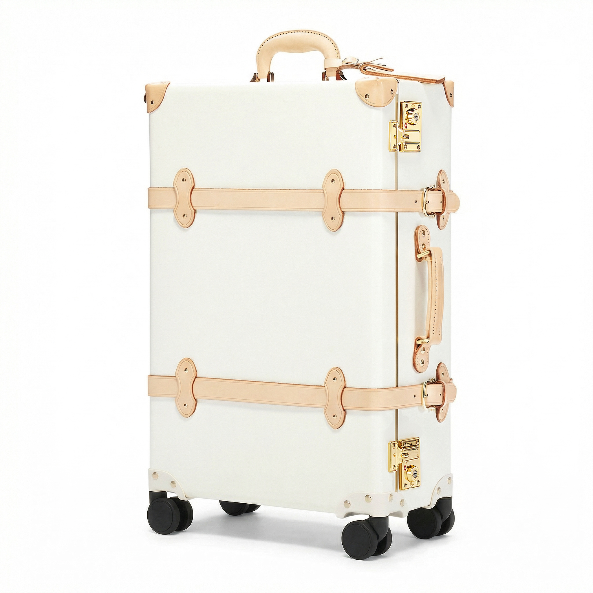 White suitcase with gold accents on a white background