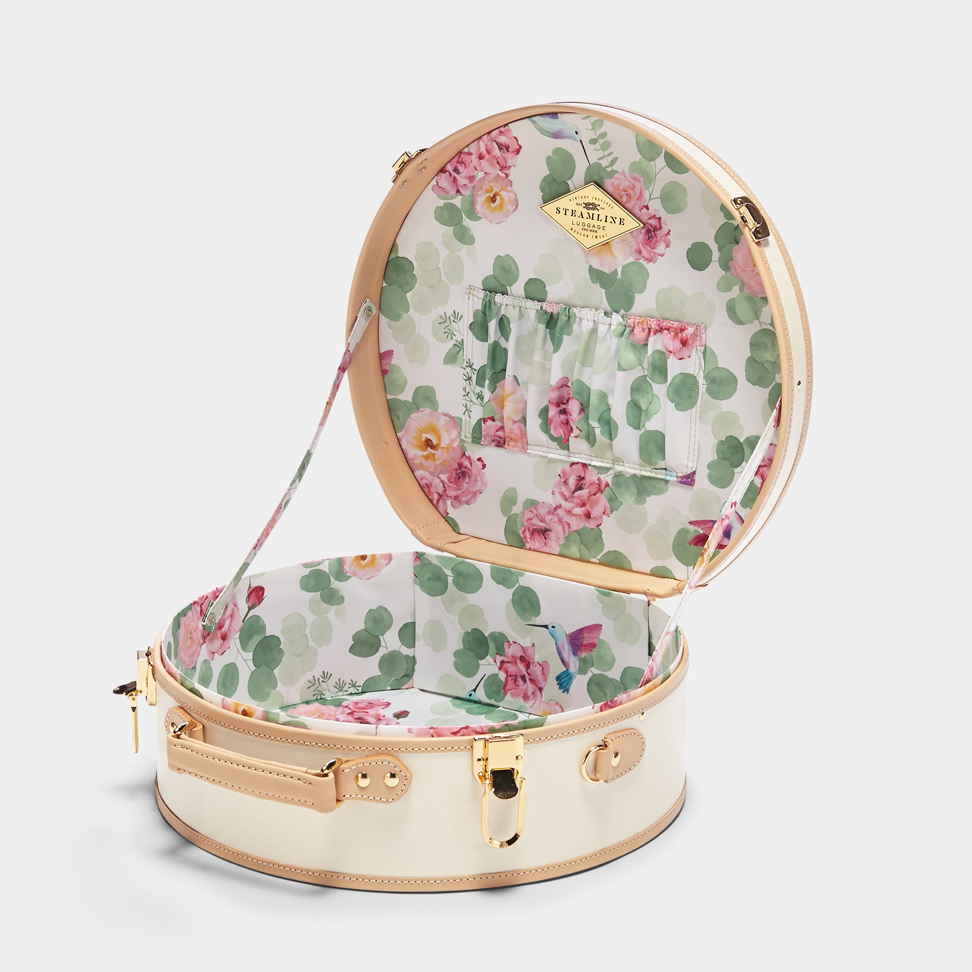 Round floral-patterned suitcase with open lid on a white background