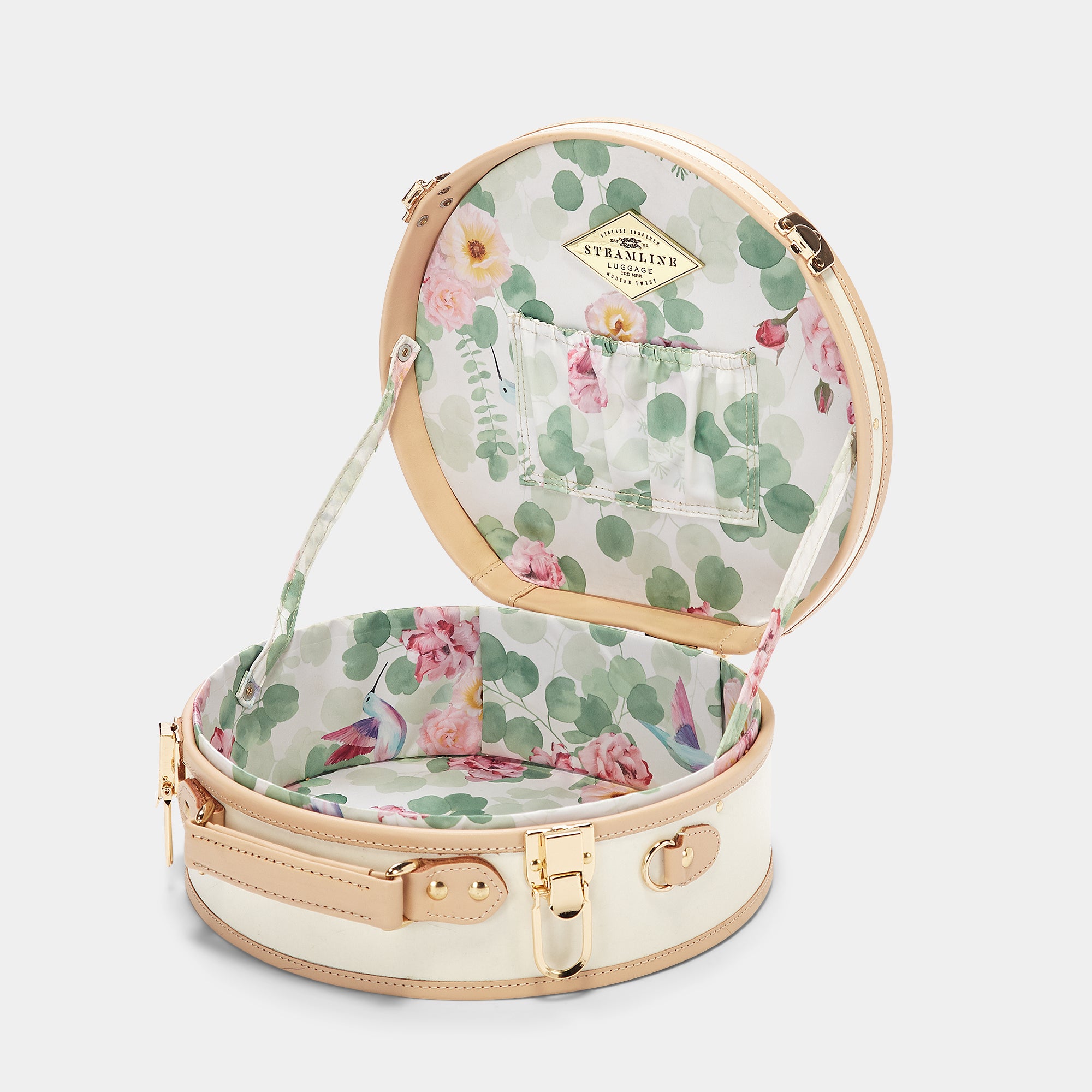 Floral-patterned jewelry box with gold accents on a white background