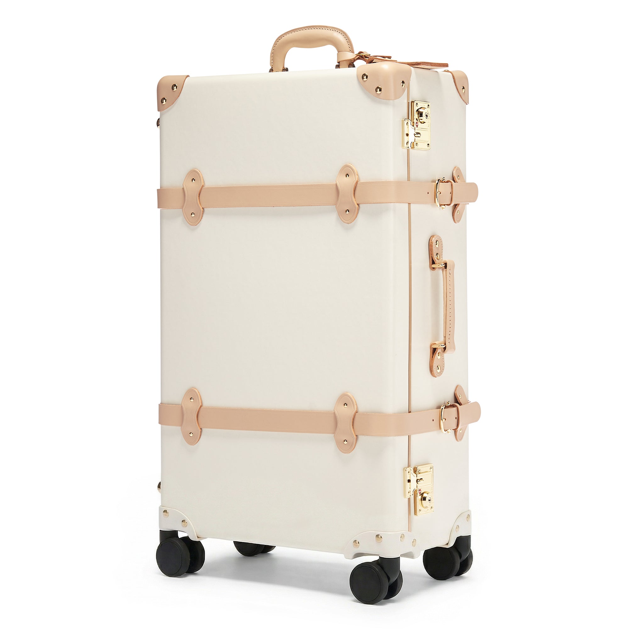 White suitcase with beige straps on a white background