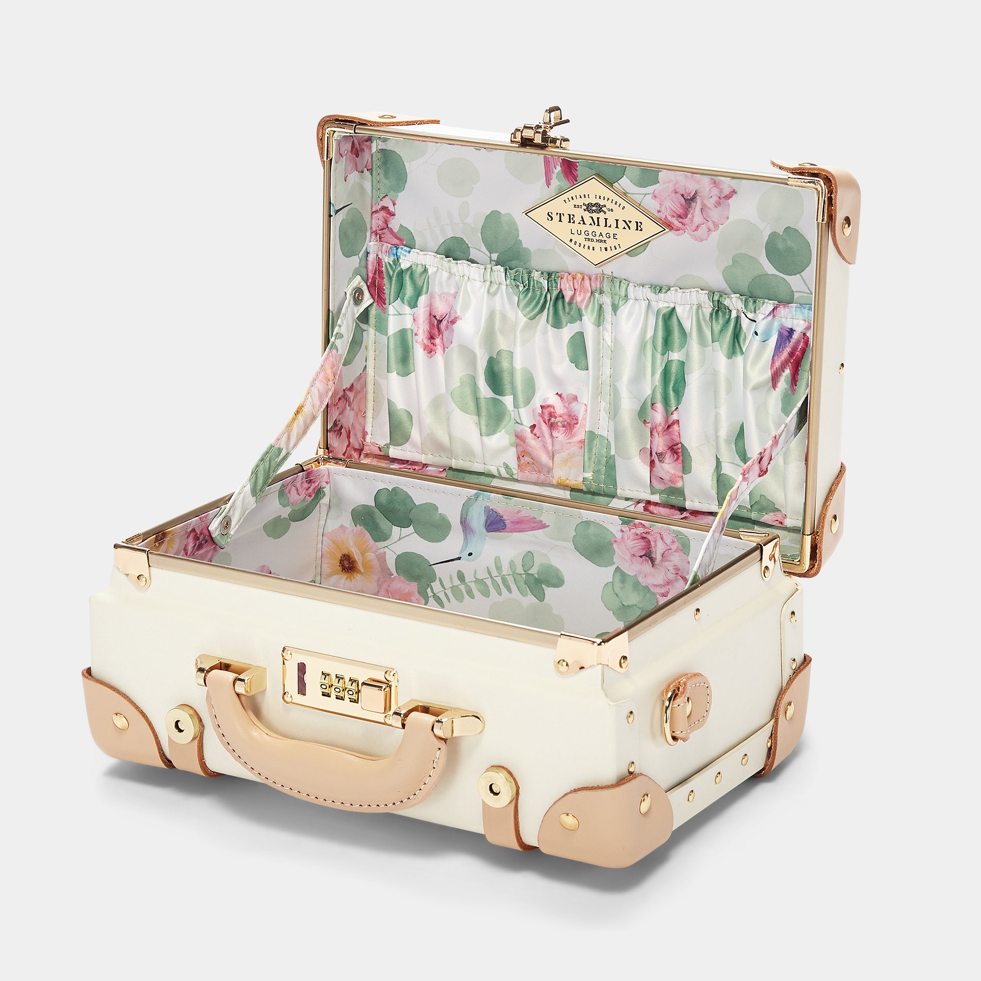 Vintage-style suitcase with floral interior on a white background