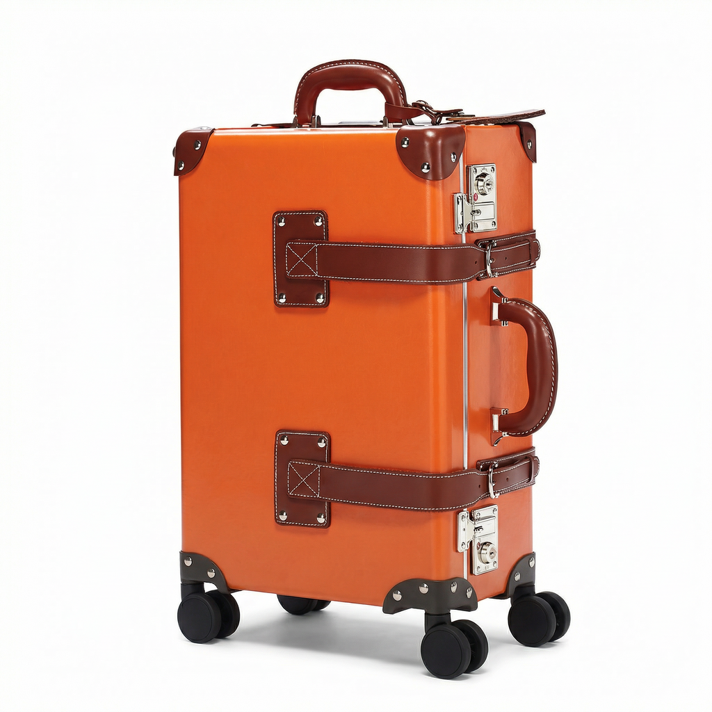Orange suitcase with brown accents on a white background