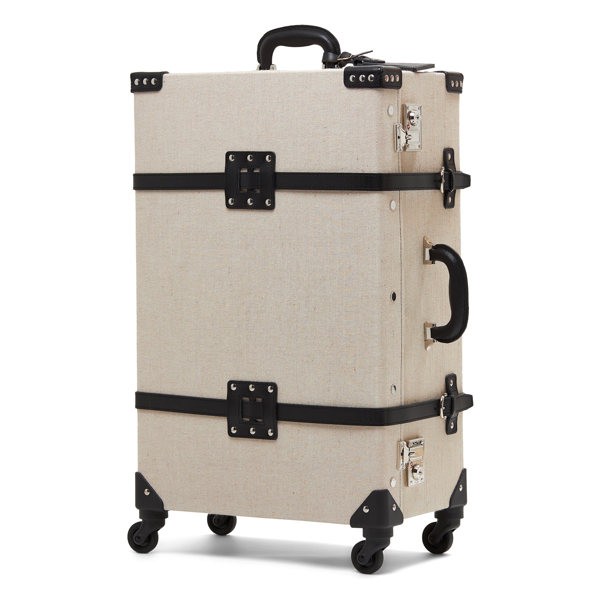 Beige linen suitcase with black straps and wheels on a white background
