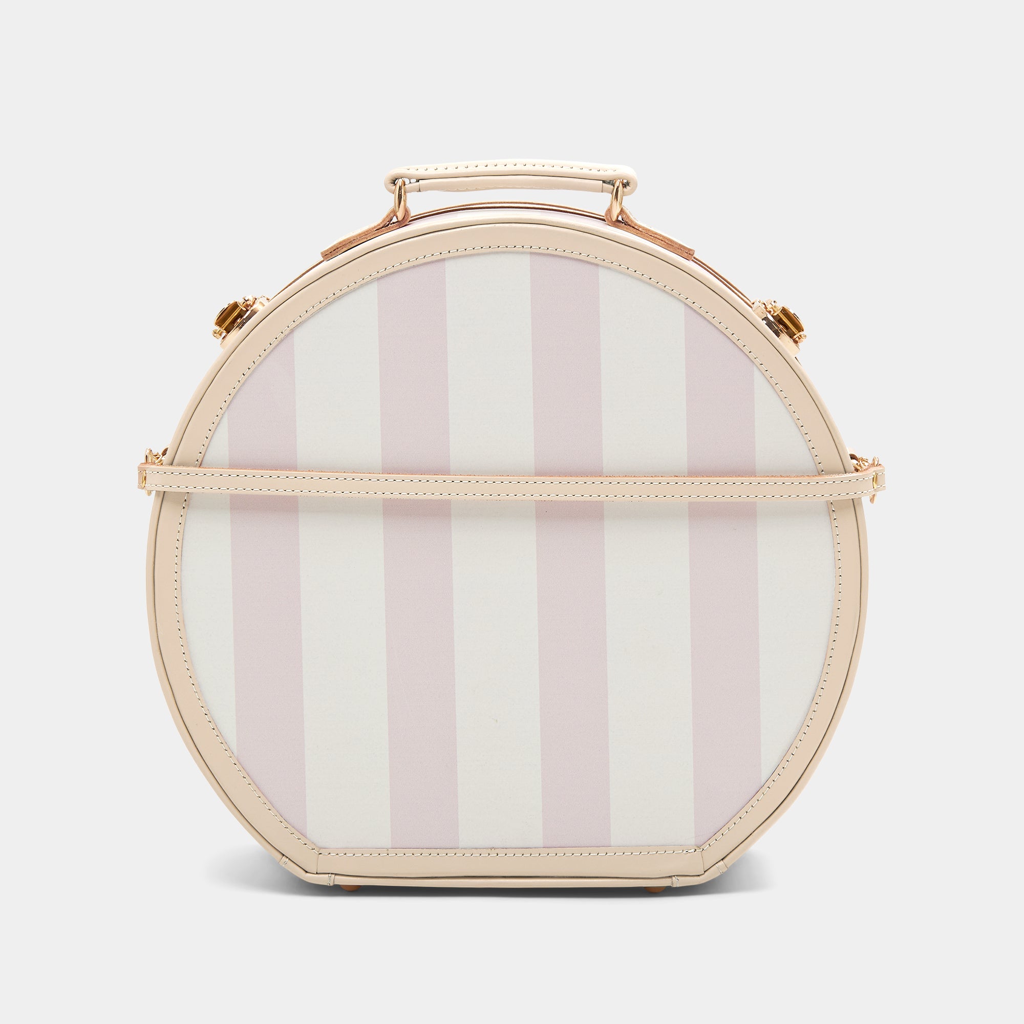 Round striped bag with a gold handle on a white background
