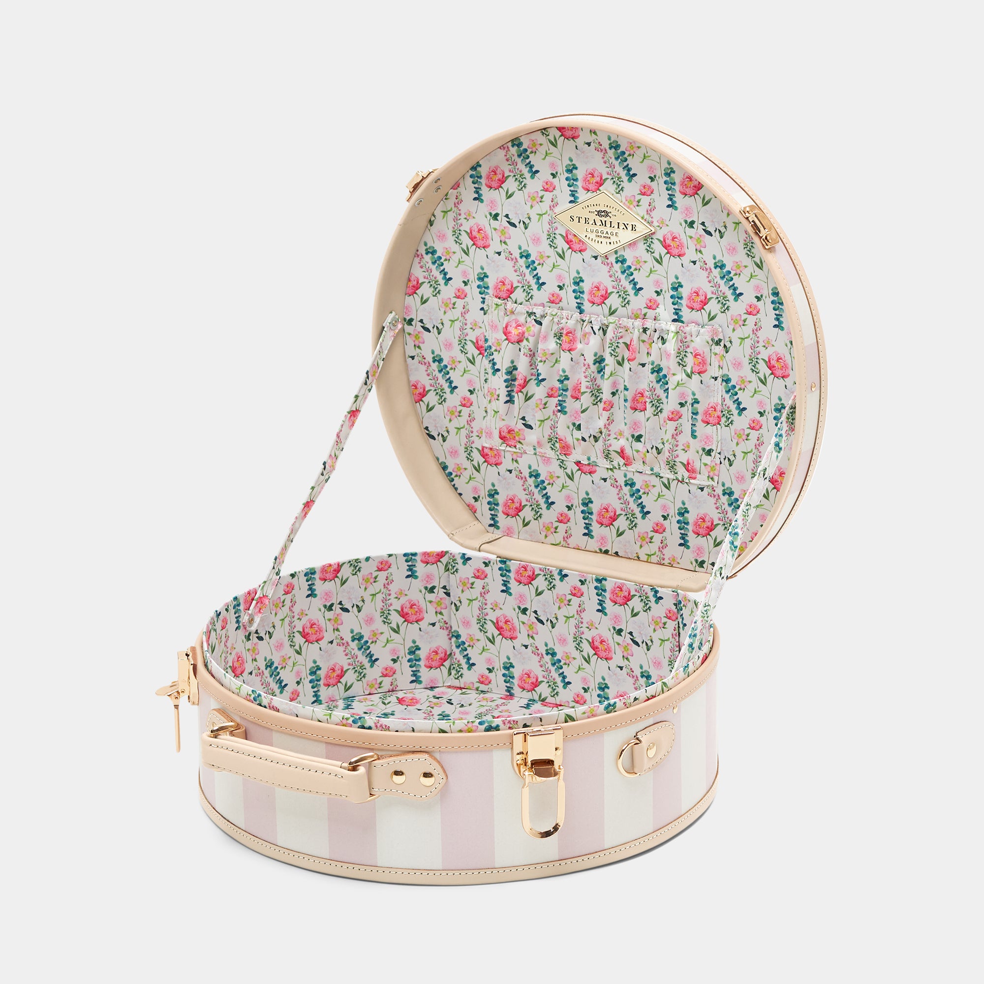 Round floral-patterned suitcase with open lid on a white background