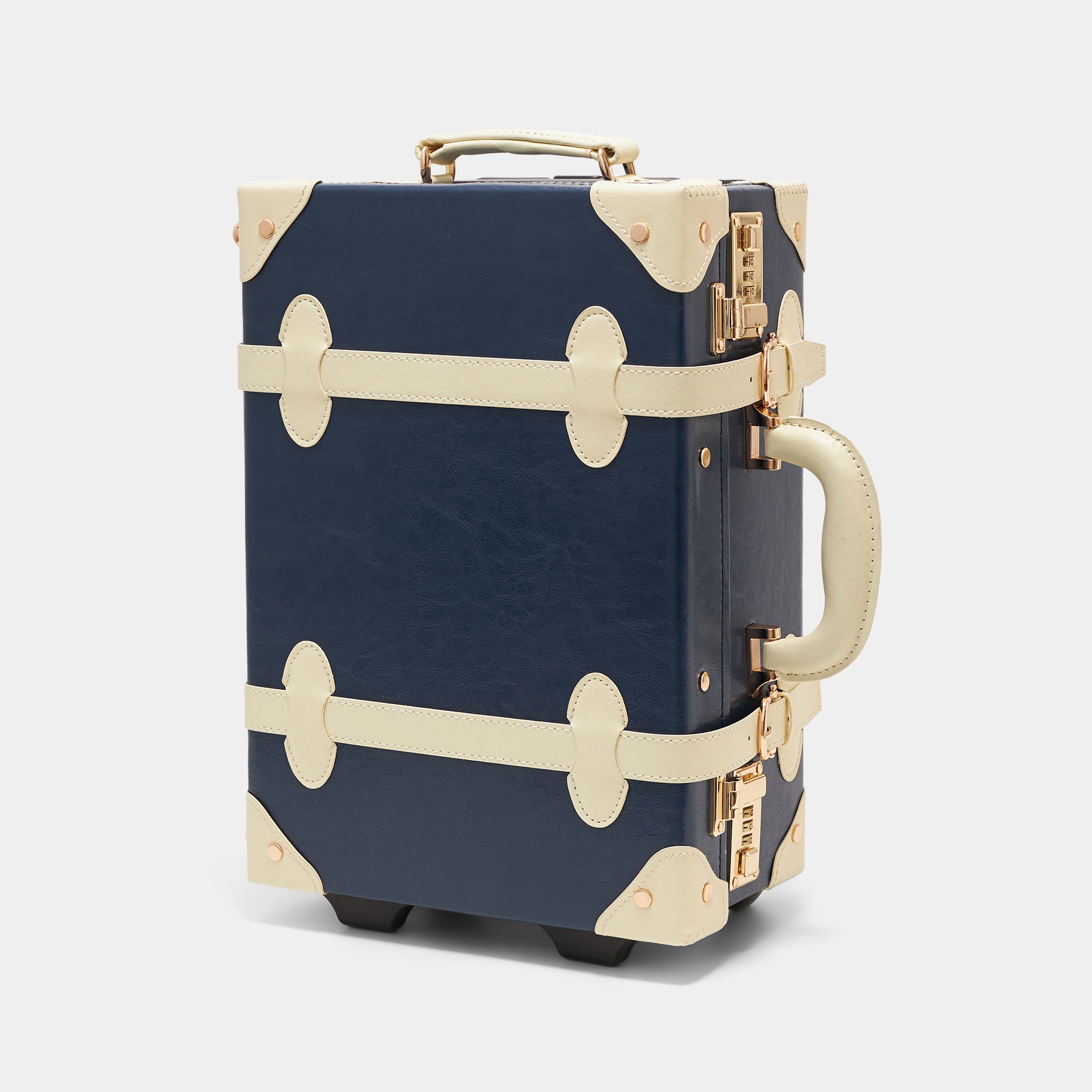 Navy suitcase with beige accents on a white background