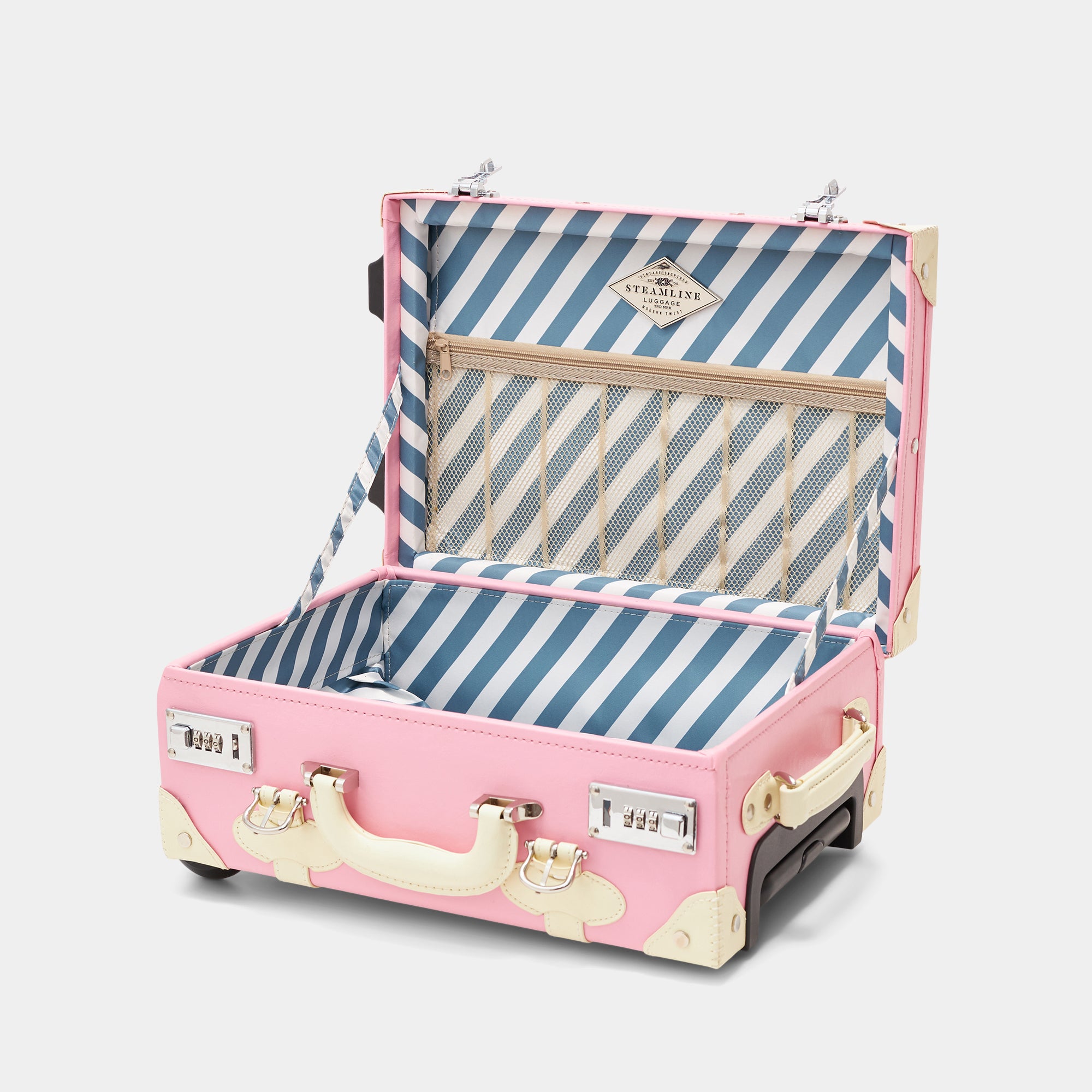 Pink suitcase with blue and white striped interior on a light gray background
