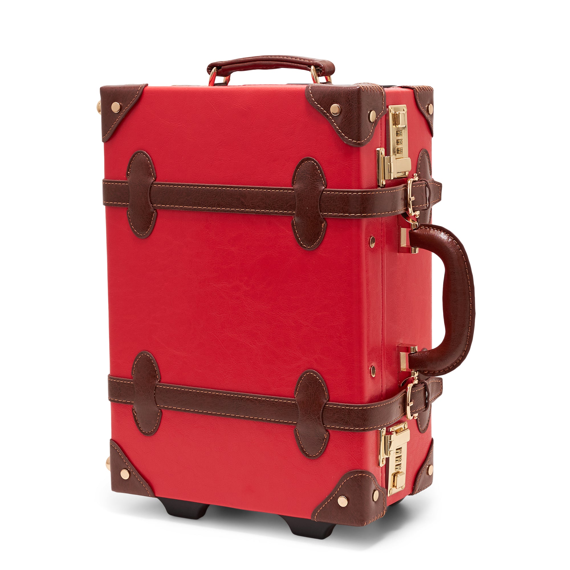 Red suitcase with brown accents on a white background