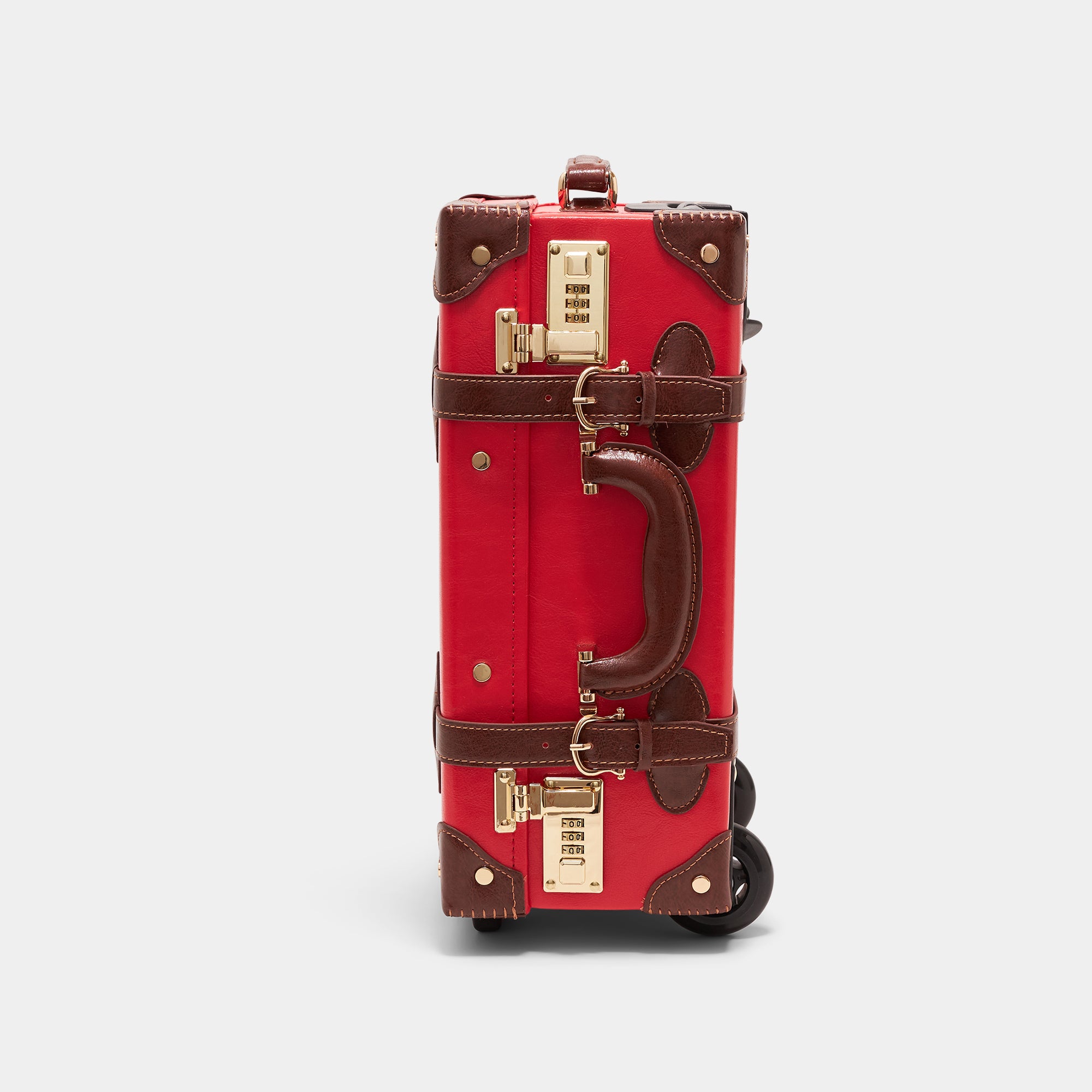 Red suitcase with brown accents on a light gray background