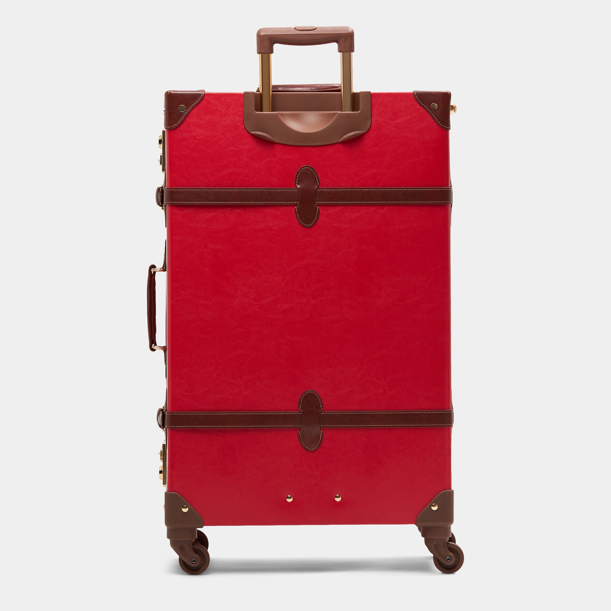 Red suitcase with brown accents on a white background