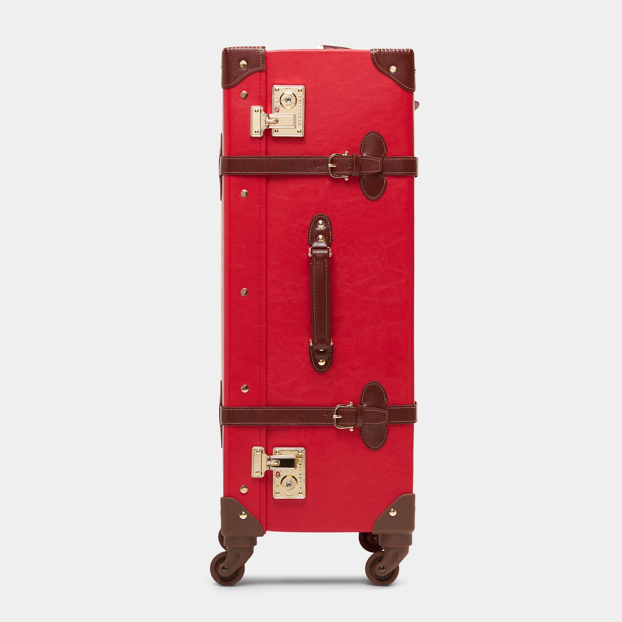 Red suitcase with brown accents on a white background