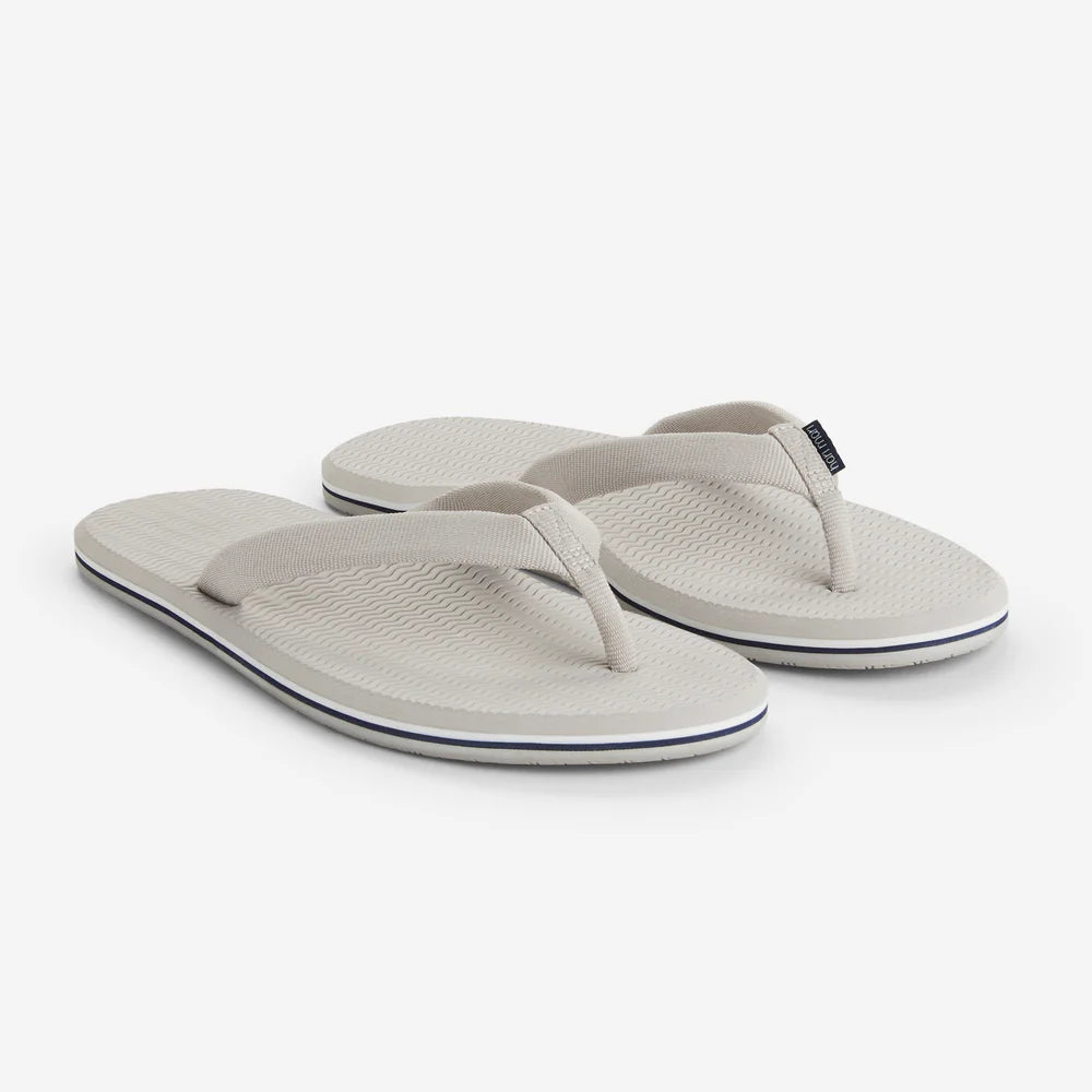 Pair of light gray flip-flops on a white background